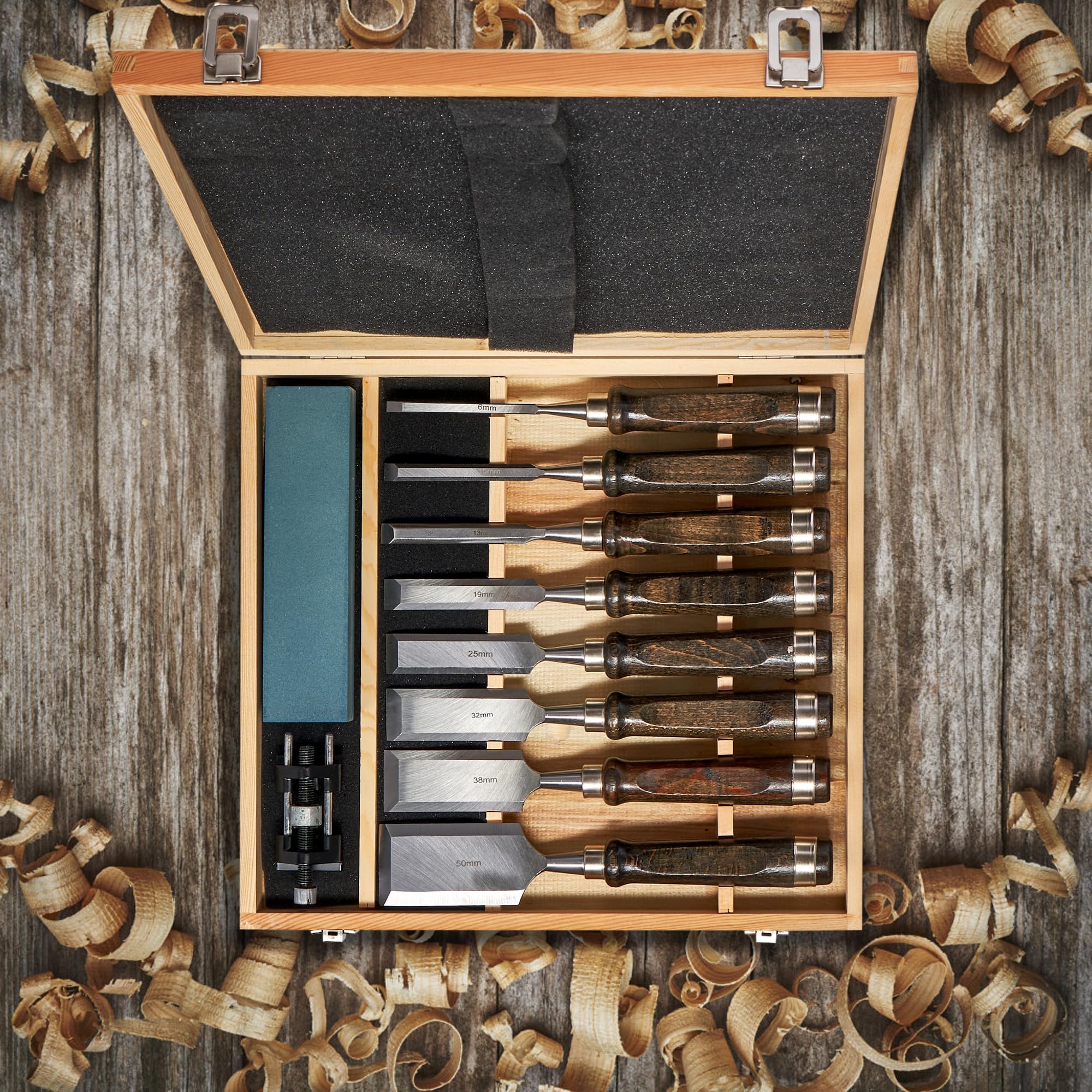 8 Stück Stechbeitel Set Für Holz, Stemmeisen Schleifstein Set, Holzbearbeitungswerkzeuge Holzschnitzerei Hand Meißels Werkzeug Holzbearbeitung Schwarznuss mit Schärfgerät Holzmeißel Chisels Set