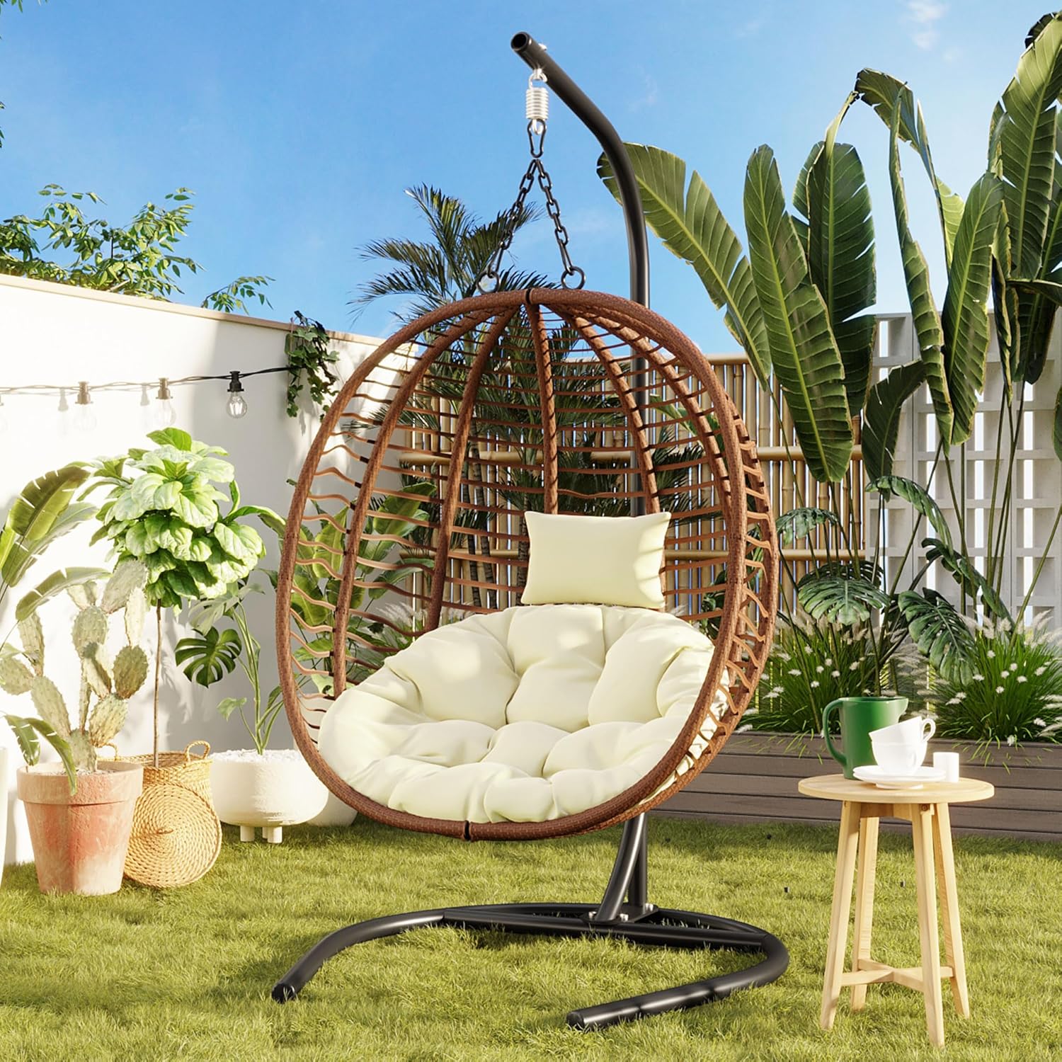 Single Person Wicker Hammock Egg Chair with Stand, Foldable Indoor Outdoor Swing Chair, Anti-Slip Adjustable Feet, Perfect for Balcony Bedroom Garden (Brown+Beige)