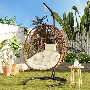 Hanging Egg Chair with Stand, Foldable Egg Chair Outdoor, High-Density Hdpe Wicker Hanging Chair with Adjustable Feet &Thick Cushion, 330lbs Capacity, for Patio, Bedroom, Garden, Brown + Beige