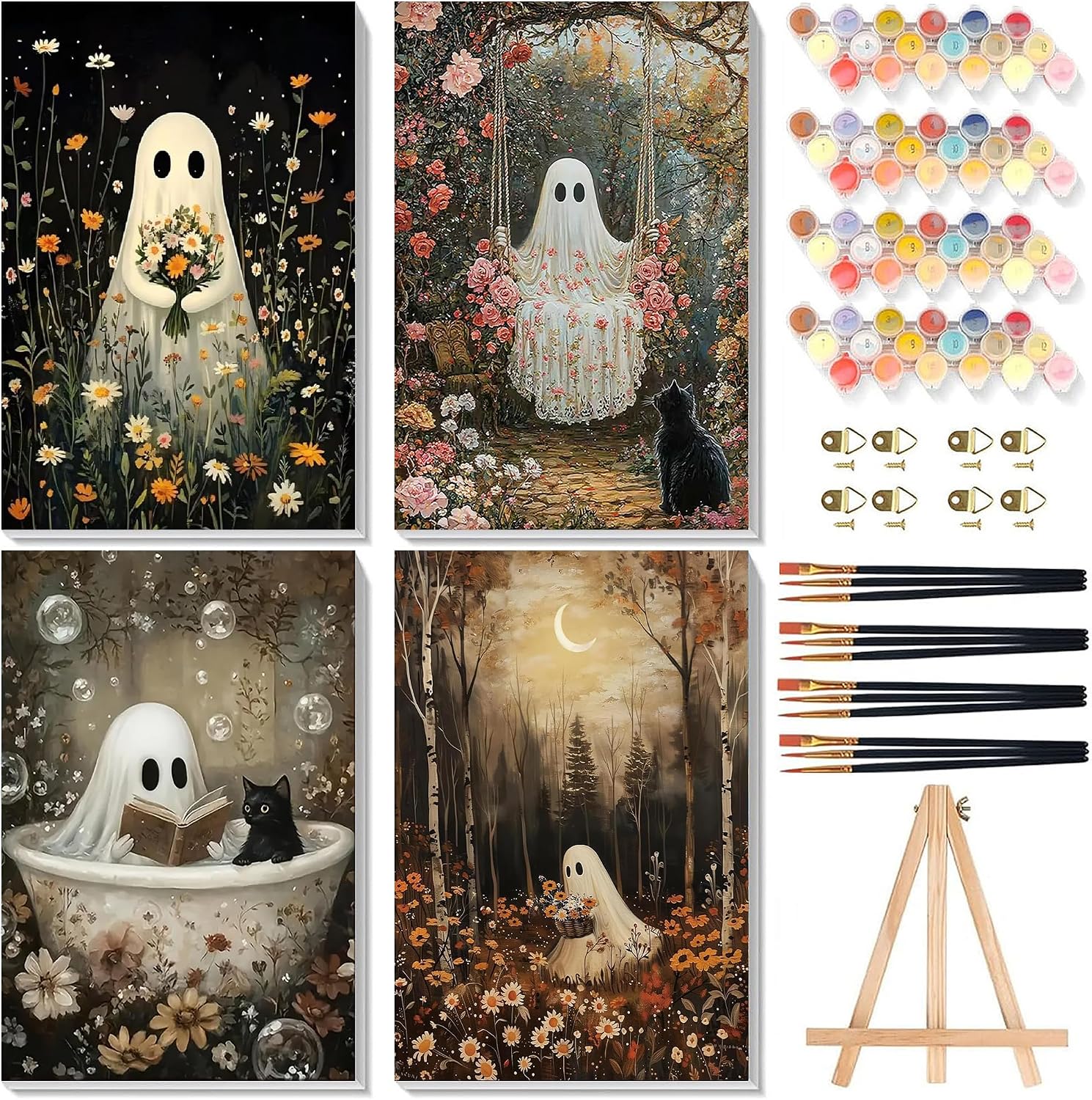 4 Pack Ghost Paint by Numbers for Adults with Framed Canvas - Wooden Easel