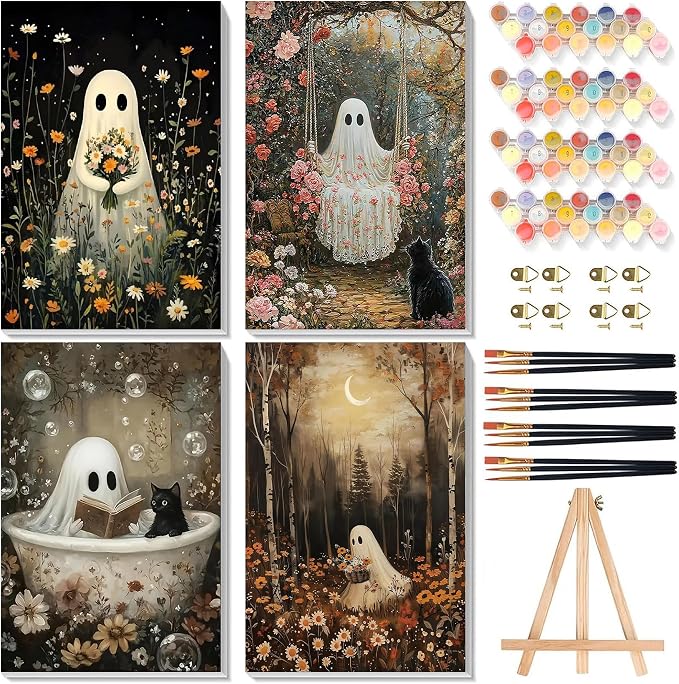 4 Pack Ghost Paint by Numbers for Adults with Framed Canvas - Wooden Easel