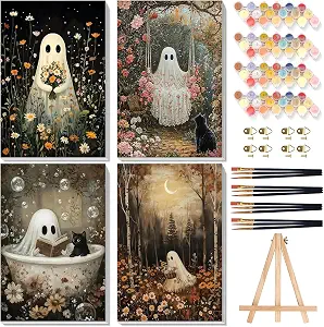4 Pack Ghost Paint by Numbers for Adults with Framed Canvas and Wooden Easel