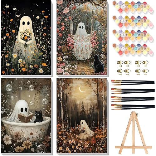 4 Pack Ghost Paint by Numbers for Adults with Framed Canvas - Wooden Easel