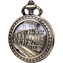 Pocket Watch with Chain Oversized 50MM Quartz Steampunk Hollowed Deer Reindeer/Train for Cosplay Christmas Valentines Day Birthday Gifts Fathers Day