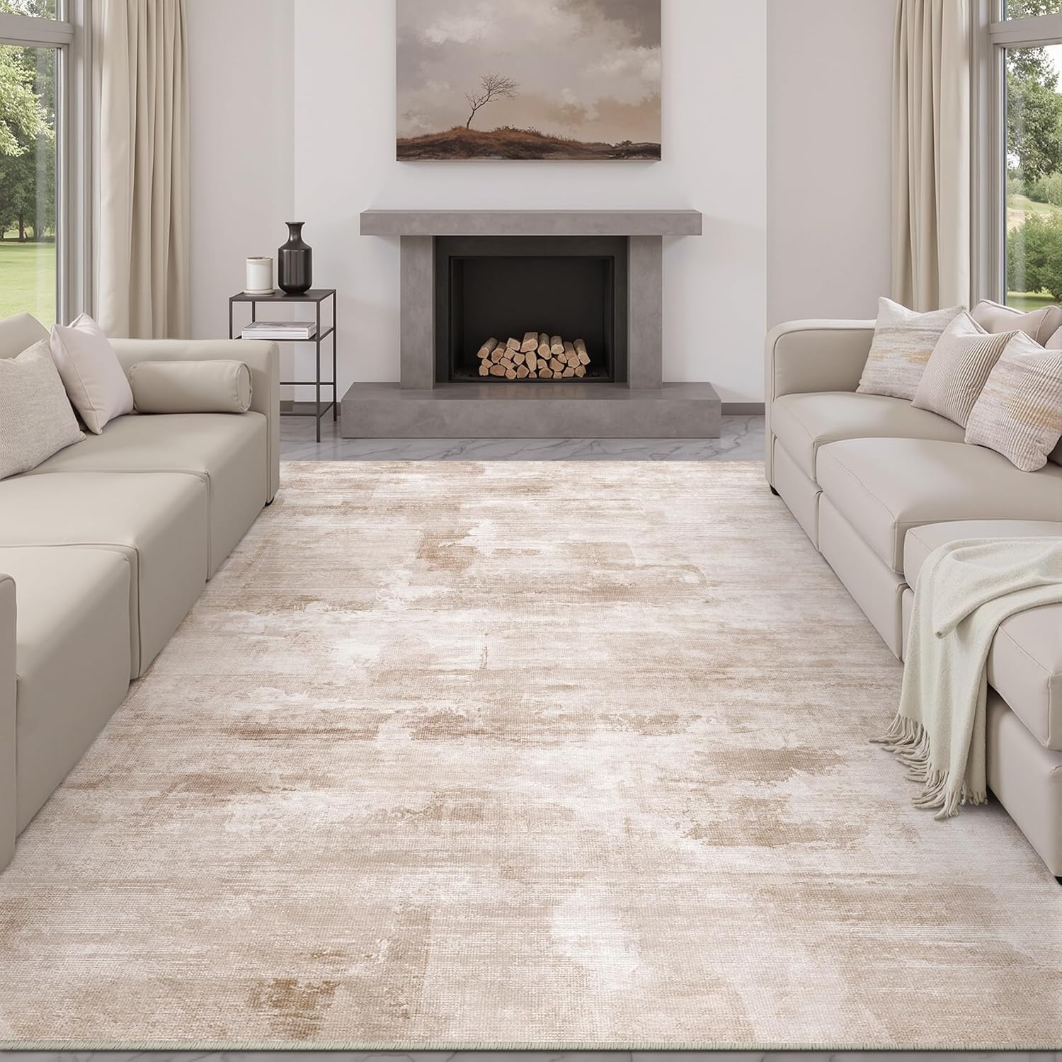 8x10 Washable Area Rug Beige Abstract Modern Living Room Bedroom Large Throw Rug Non Slip Soft Thin Simple Indoor Floor Carpet for Office Entryway Kitchen Nursery Decor