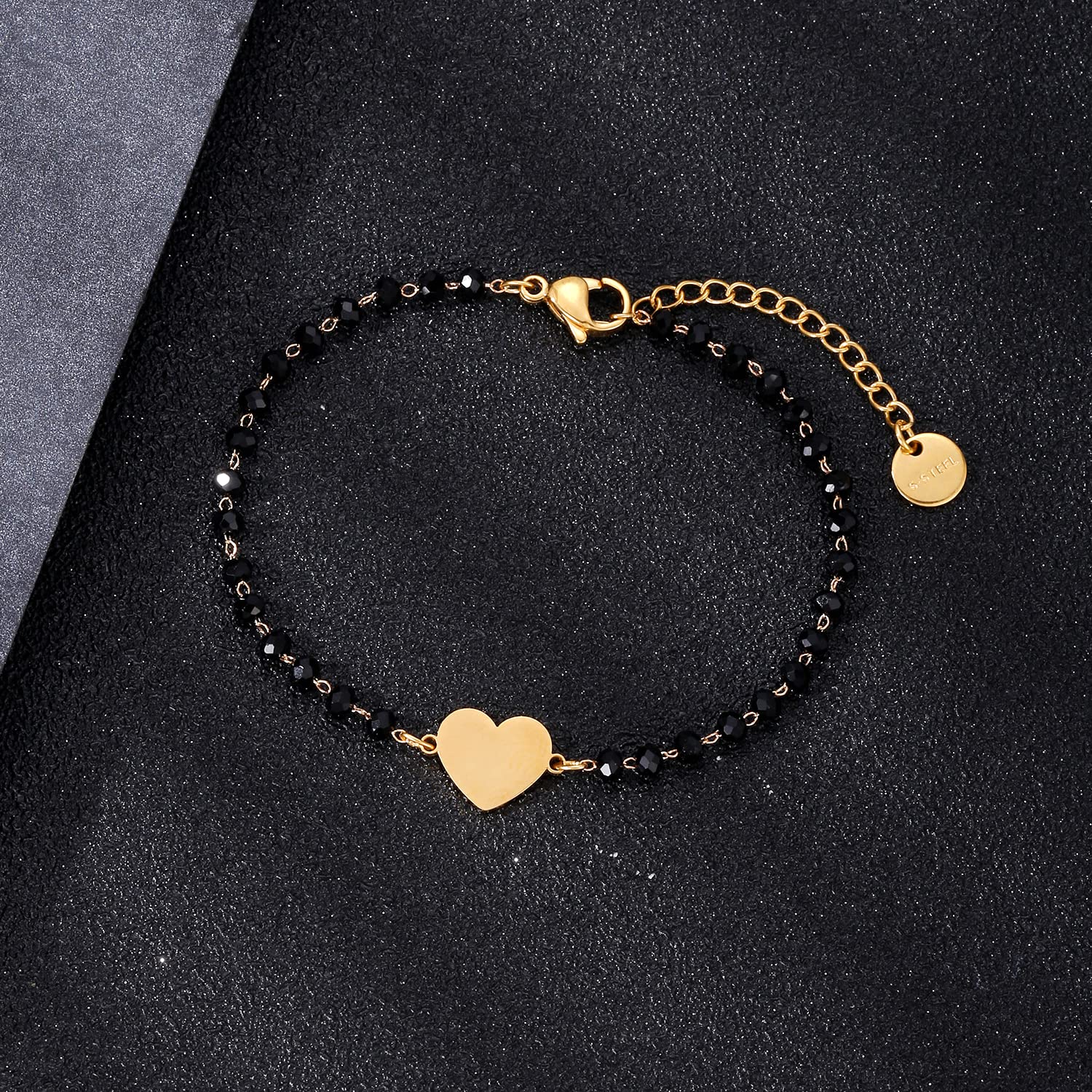 pengjin-Bracciale con ciondolo a quadrifoglio portafortuna, in acciaio inox, con perline nere, semplice braccialetto portafortuna