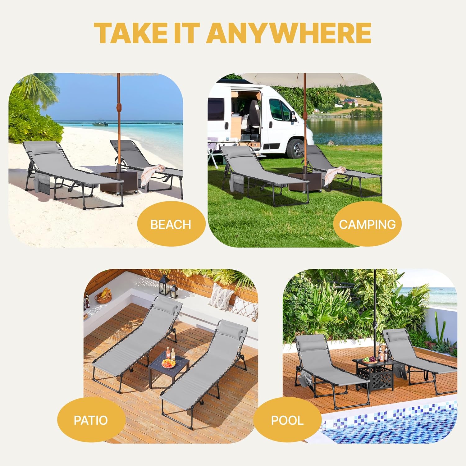 Yaheetech 22.4" Outdoor Folding Tanning Chair, Chaise Lounge Chairs with 5 Back Position Adjustable, Extended Portable Lounger for Beach, Patio, Gray