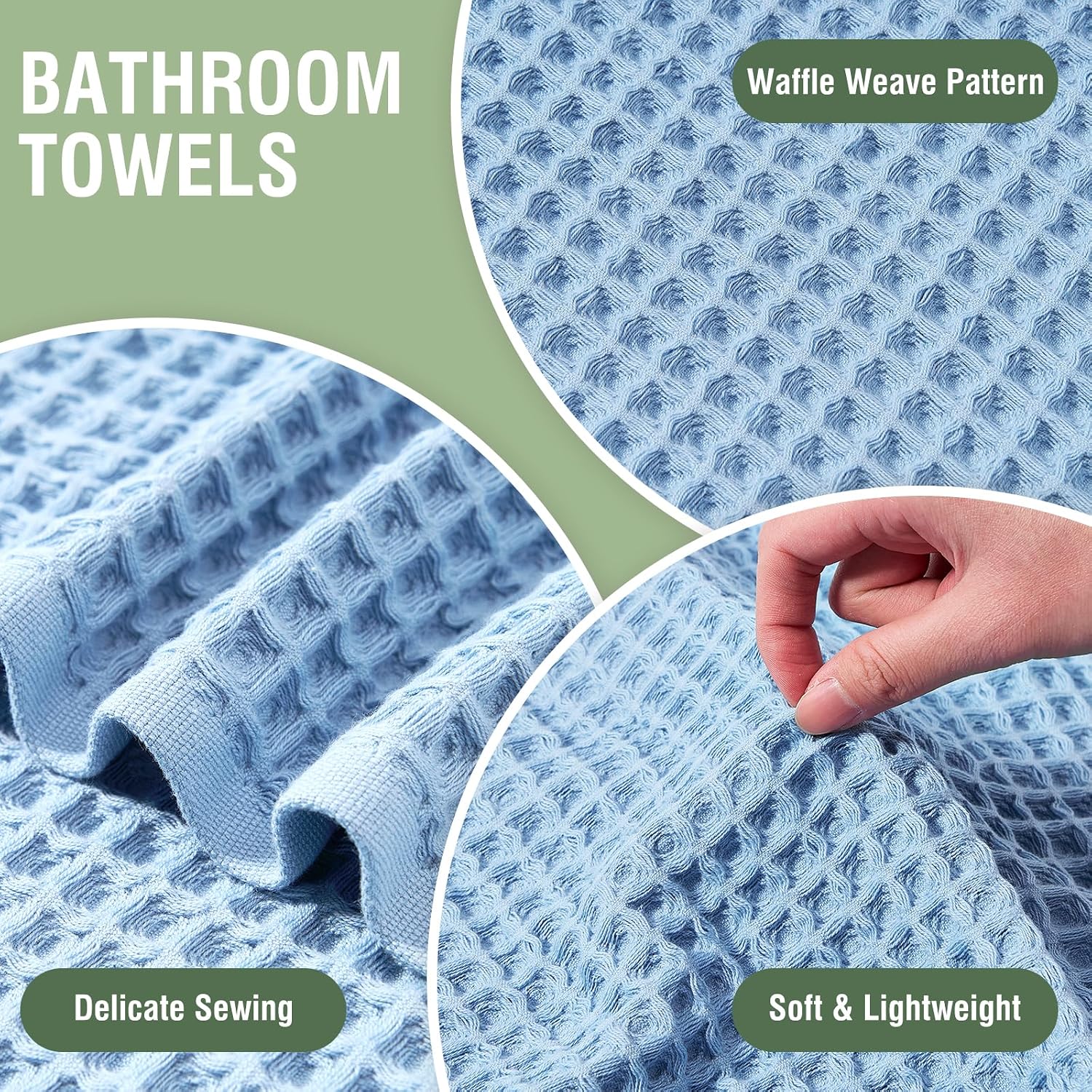 HEAVYWOOD Waffle Hand Towels 2pc 100% Cotton Reversible, Soft & Absorbent Decorative Hand Towel for Bathroom Clearance (Blue, 2Packs)
