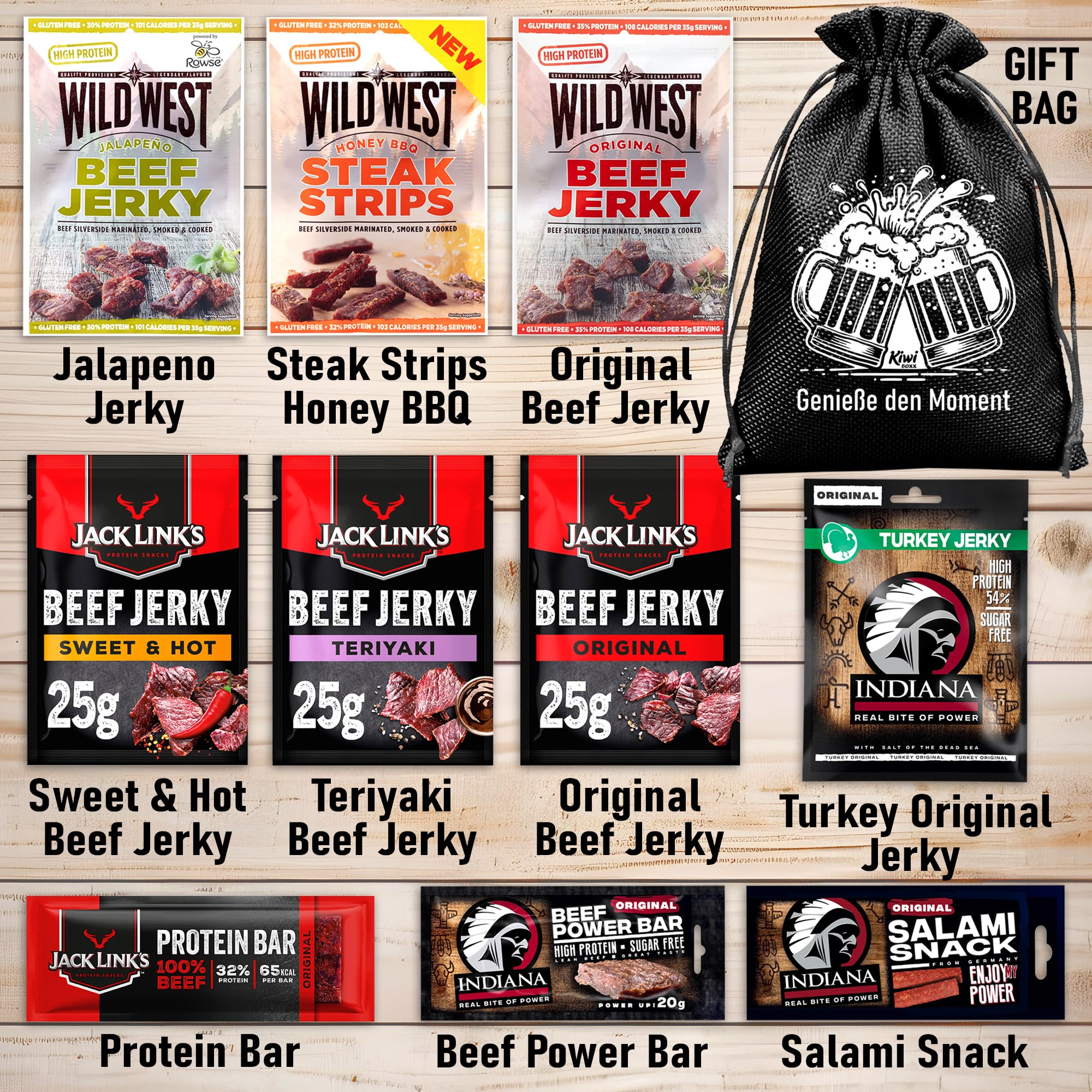 Bier Geschenke für Männer - Geschenkset mit Beef Jerky im Jutebeutel, Präsentkorb