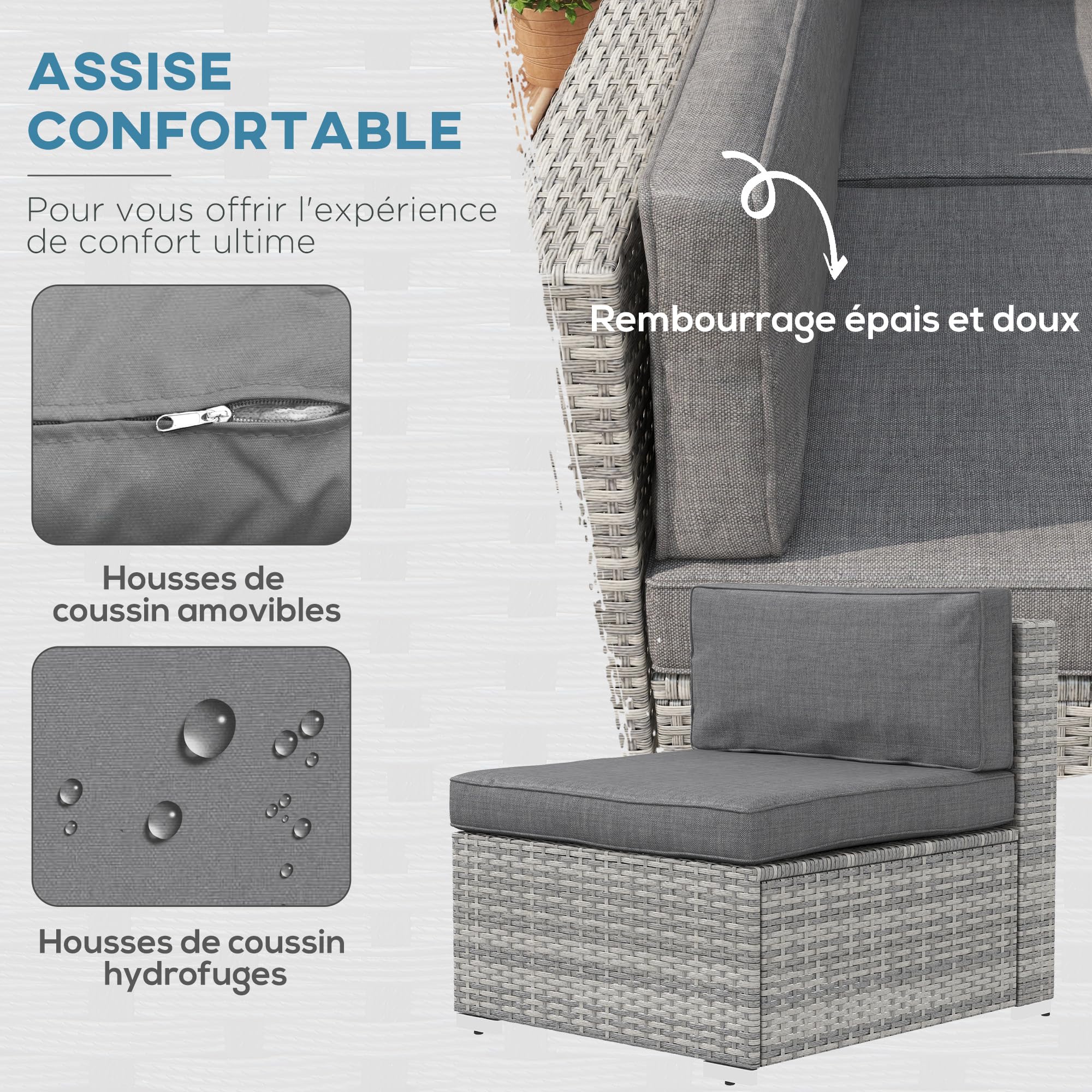 Outsunny Ensemble Salon de Jardin 7 pièces modulables, Coussins déhoussables Inclus, Table Basse avec Plateau Verre trempé, en résine tressée, Gris