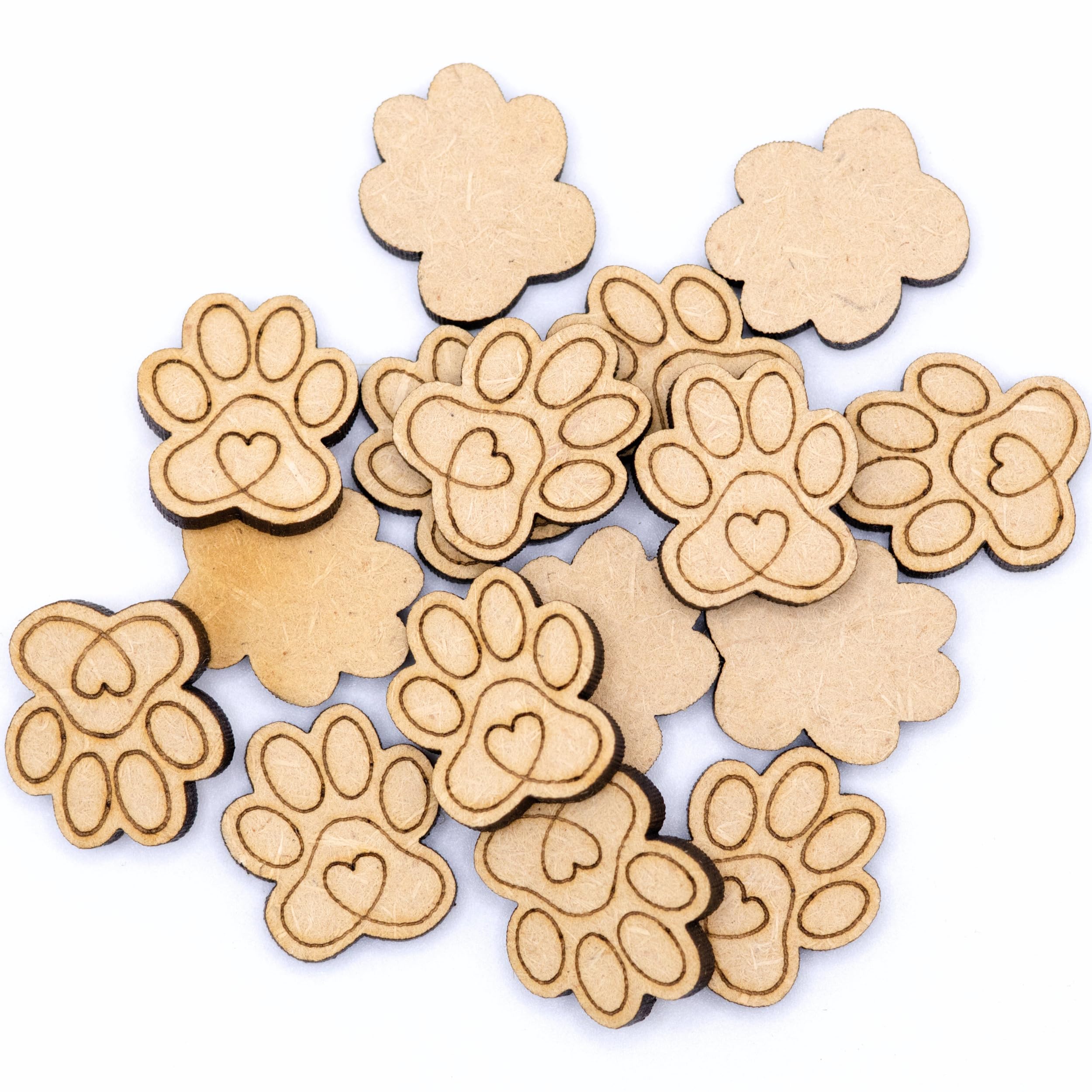 Wooden Paw Prints - Dog Paw Shapes with Heart – Small Wooden Cat Paw Print Embellishments for DIY Crafting, Painting, Card Making, MDF Craft Blanks & Wooden MDF Shapes, 20mm & 35mm (60 Pack, 20mm)
