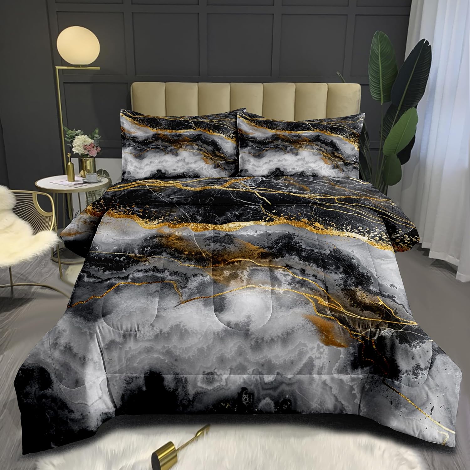 CCoutueChen Black Grey Marble Comforter Set King Size Gold Glitter Marbling Bedding for Kids Teens Adult Bedroom Watercolor Grey Bedding Comforter Sets Modern Marble Aesthetic Down Comforter