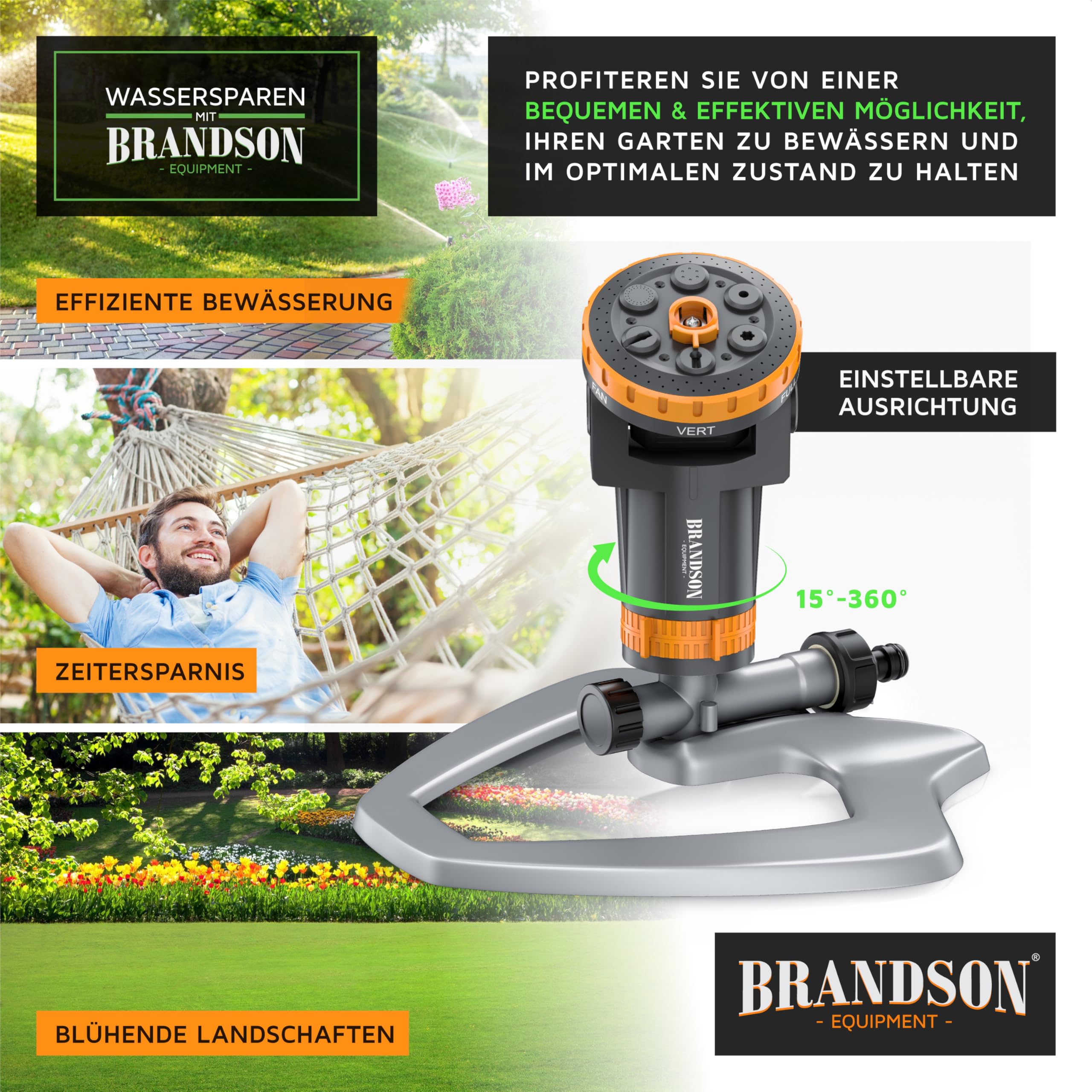 Brandson - Gartensprinkler mit Standfuß Metall – Garten Rasensprenger 3/4 Zoll - 6 Sprühmuster – 200 m2 Gesamtfläche - Einstellbarer Sprühwinkel – Bewässerungssektor bis 360° - Inkl Adapter 1/2 Zoll