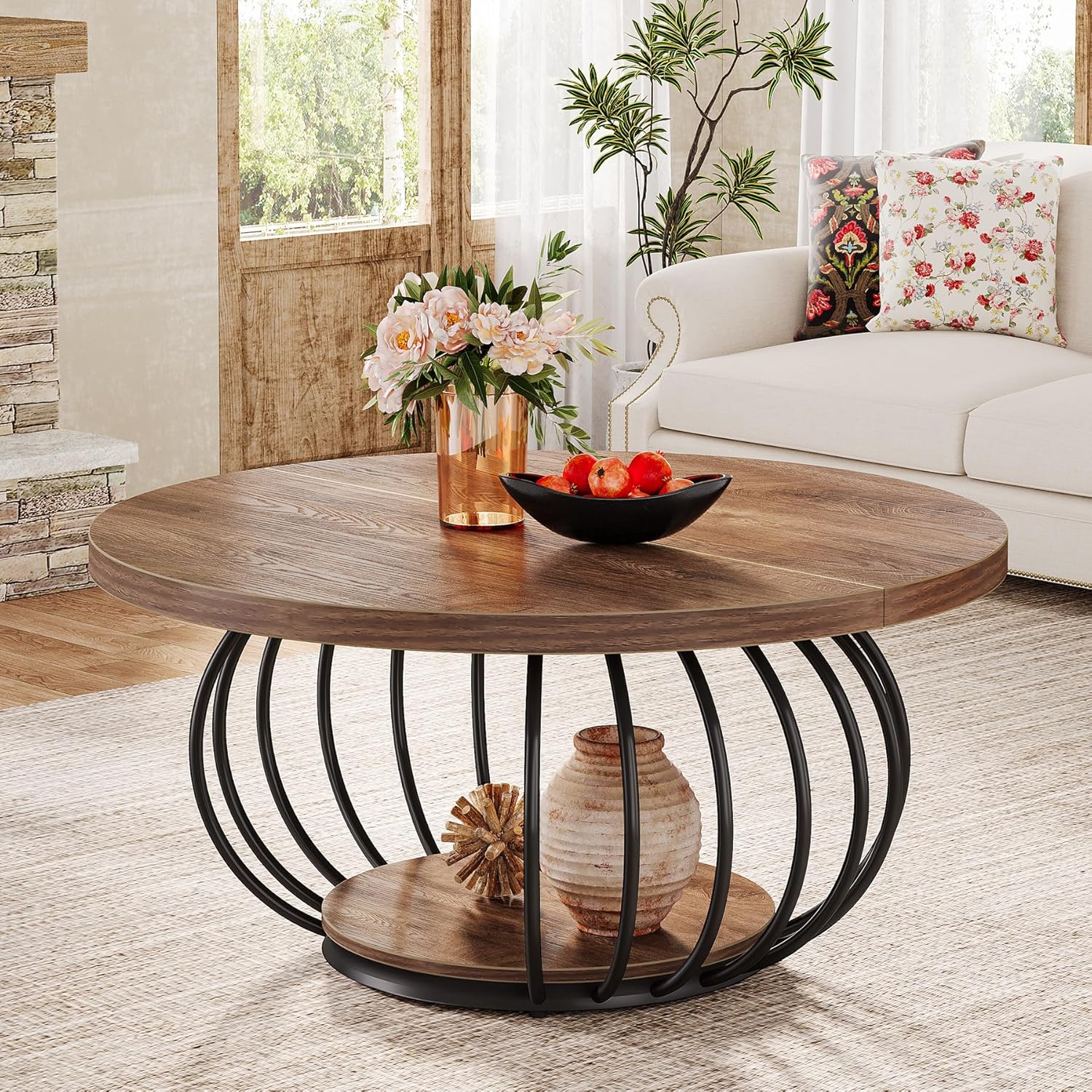 Tribesigns Round Coffee Table for Living Room, 39.4" Industrial Wooden 2-Tier Circle Accent Center Cocktail Table with Storage Shelf and Metal Frame, Rustic Brown & Black