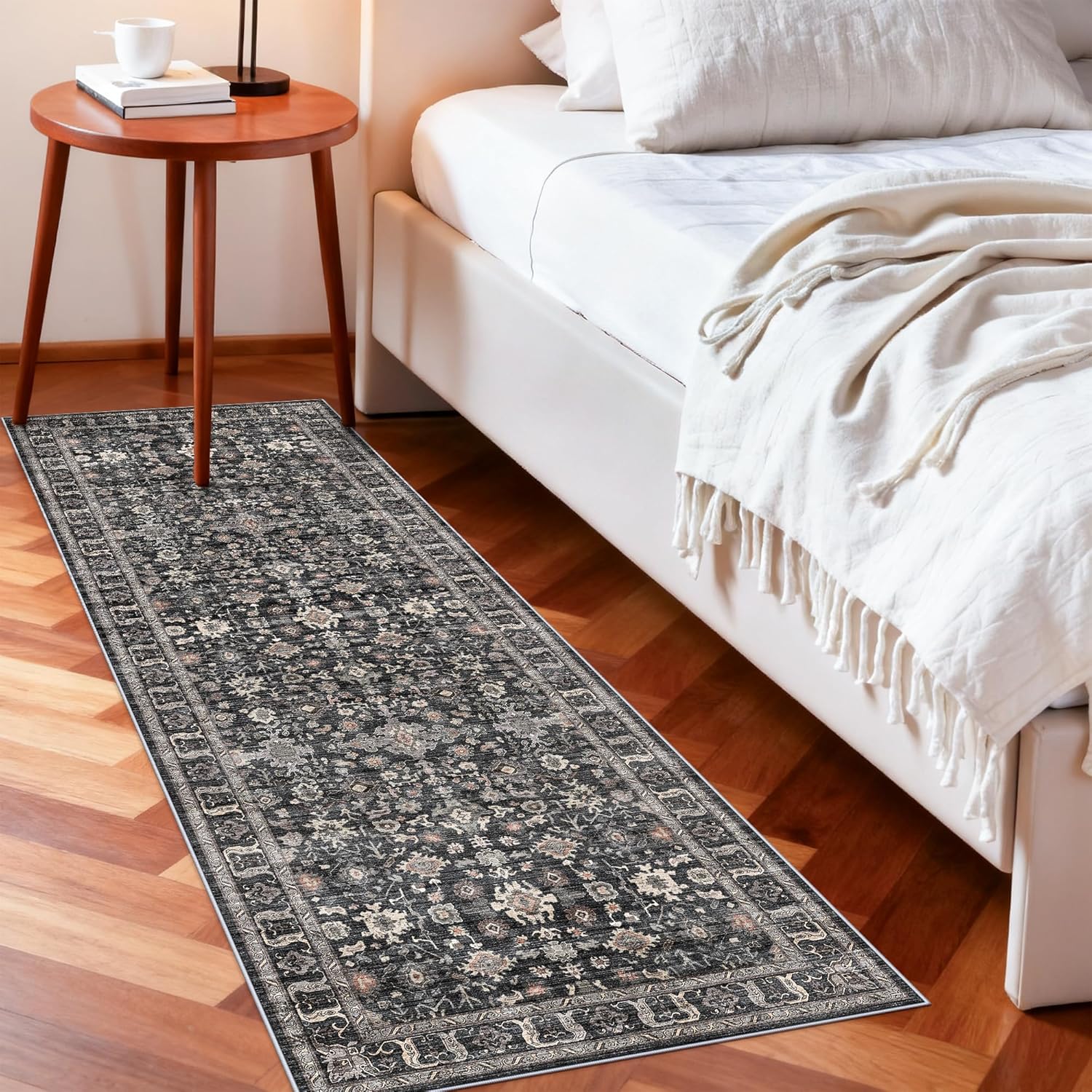 2x6 Hallway Washable Runner Rug: 6ft Kitchen Rugs with Non Slip Backing Low Pile Soft Floor Mat for Entryway Bedroom Beside Laundry Room Bathroom Living Room (Dark Black Gray, 2X6)