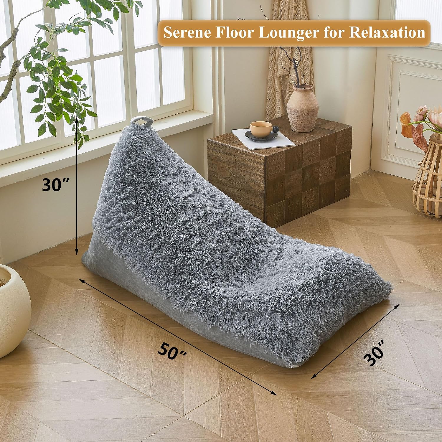 XeGe Fluffy Kids Stuffed Animal Storage Bean Bag Cover (No Filler), Fuzzy Faux Fur Beanbag Organizer with Handle for Teens Girls Adults, Shaggy Furry Plush Toys Holder Floor Lounger Chair, Light Grey