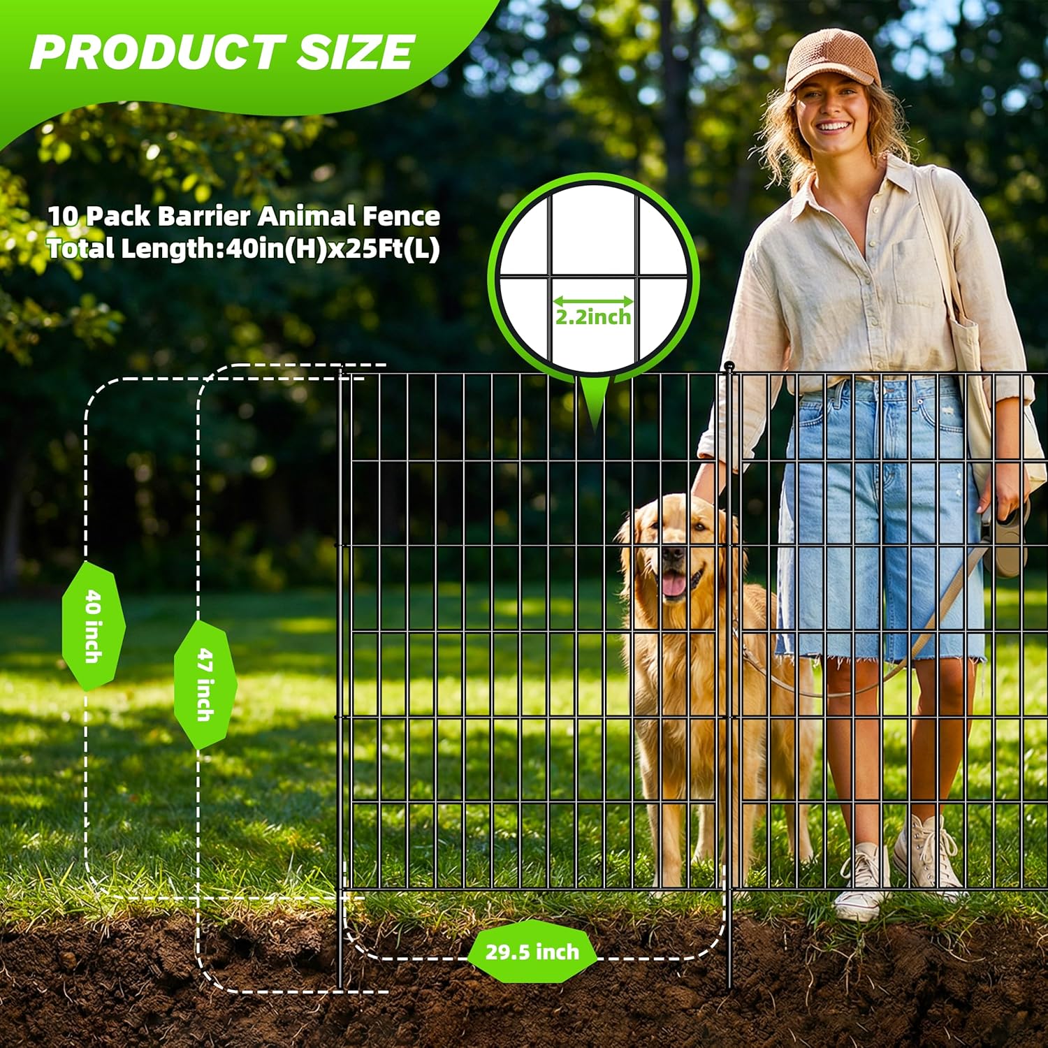 Toolterritary 10 Panels No Dig Decorative Garden Fence with Gate, 40in(H) x 25ft(L), Dog Fence Outdoor for Yard - Rustproof Metal Animal Barrier Fencing for Patio, Flower Bed, Ideal for Dogs, Rabbits 10 Panels - 40 in (H) x 25.0 ft (L) with Gate