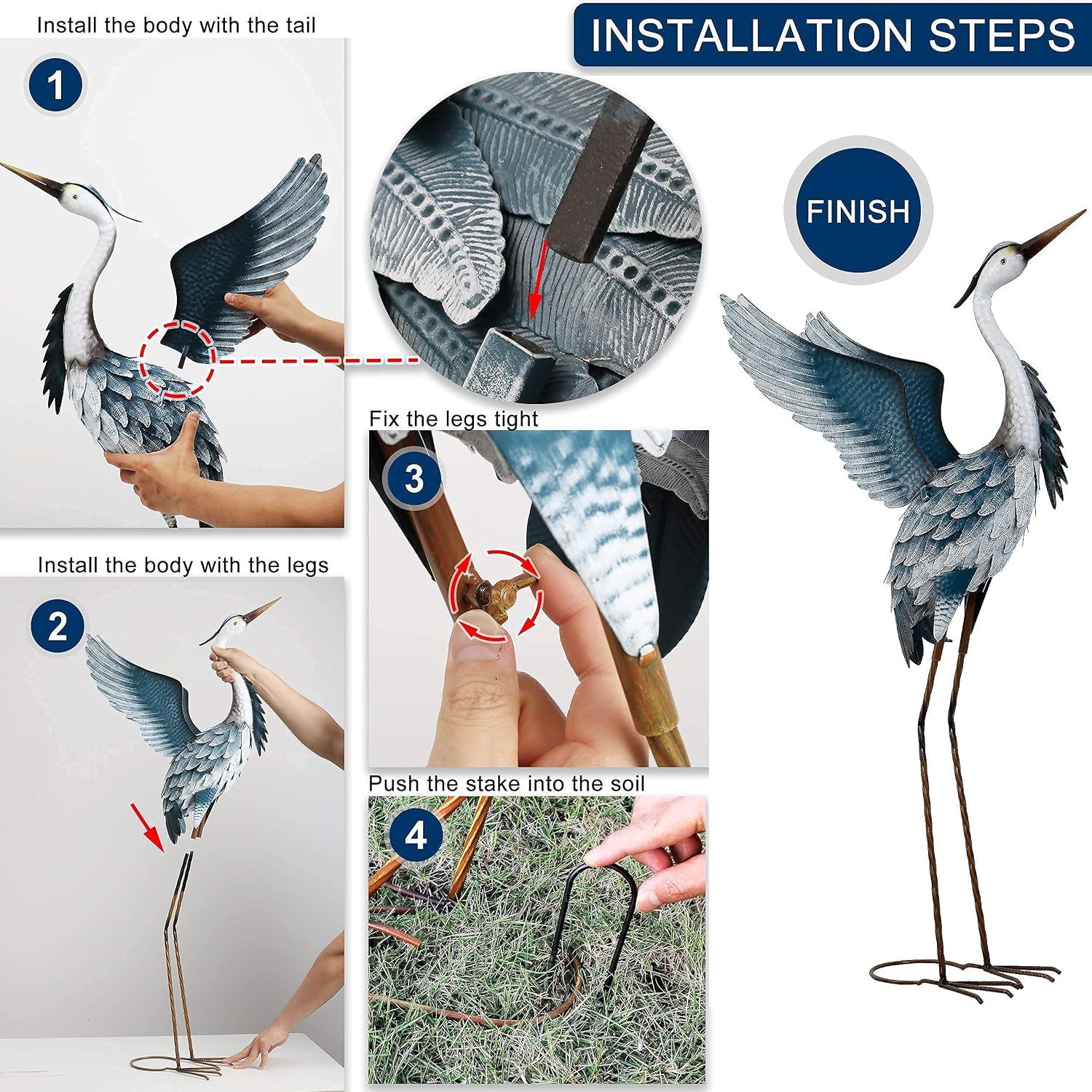 TERESA'S COLLECTIONS Garden Decor Blue Heron Yard Art Decor, 37-40.7" Large Metal Cranes Statues Decoy for Outdoor Indoor Decorations, Outside Patio, Pool, Lawn, Set of 2, Gifts for Mothers Day