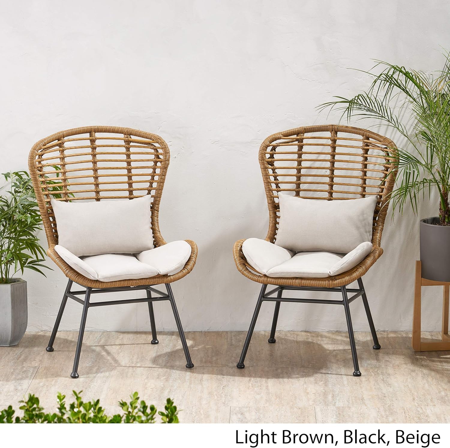 Light Brown Faux Rattan Armless Patio Chairs with Beige Cushions