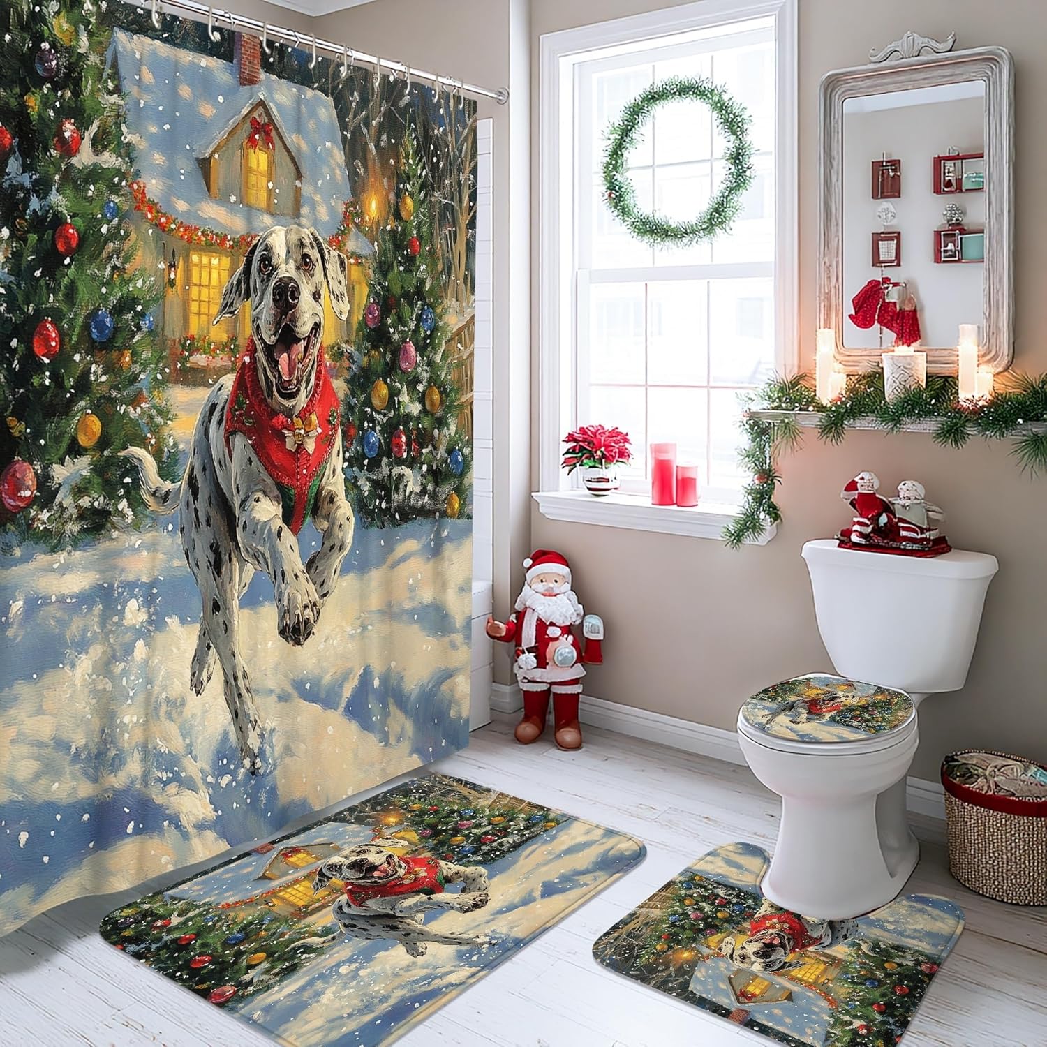 4PCS Christmas Great Dane Dog Bathroom Sets with Non-Slip Rug, U Shape Toilet Lid Cover Mat, Winter Snow Xmas Puppy Bathroom Decoration 72''x72''