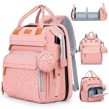 JOYCE Diaper Bag Backpack Multi-Function Water Resistant Baby Bag with Changing Pad - Baby Essentials Travel Tote for Mom, Perfect Shower Gift & Registry Search Pink