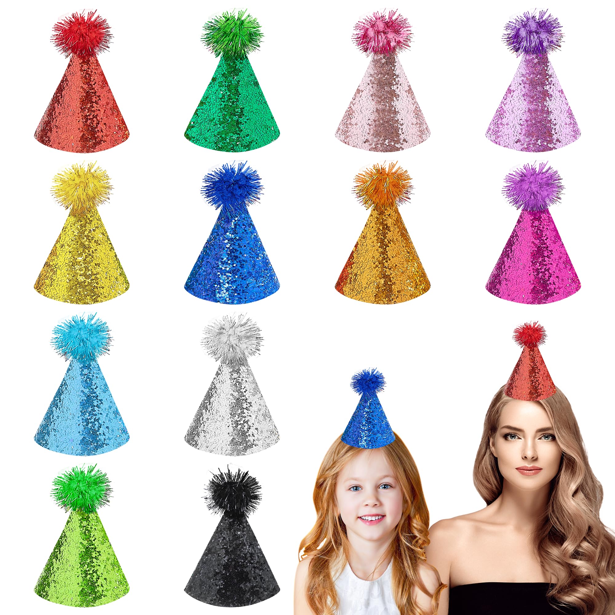 JpGdn 12 Pcs Pack Cone Party Hat with Adjustable Headband Glitter Reusable Happy Birthday Hats Children Birthday Supplies Decorations Pom-pom Party Hats for Adults Kids