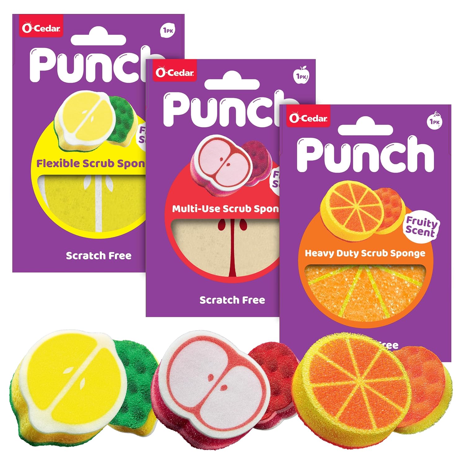 O-Cedar Punch Scrub Sponge Variety Pack, 3 Count | Flexible, Multi-Use & Heavy Duty fruit-shaped scrub sponges | 3 cleaning solutions | Reaches, adapts & powers through messes