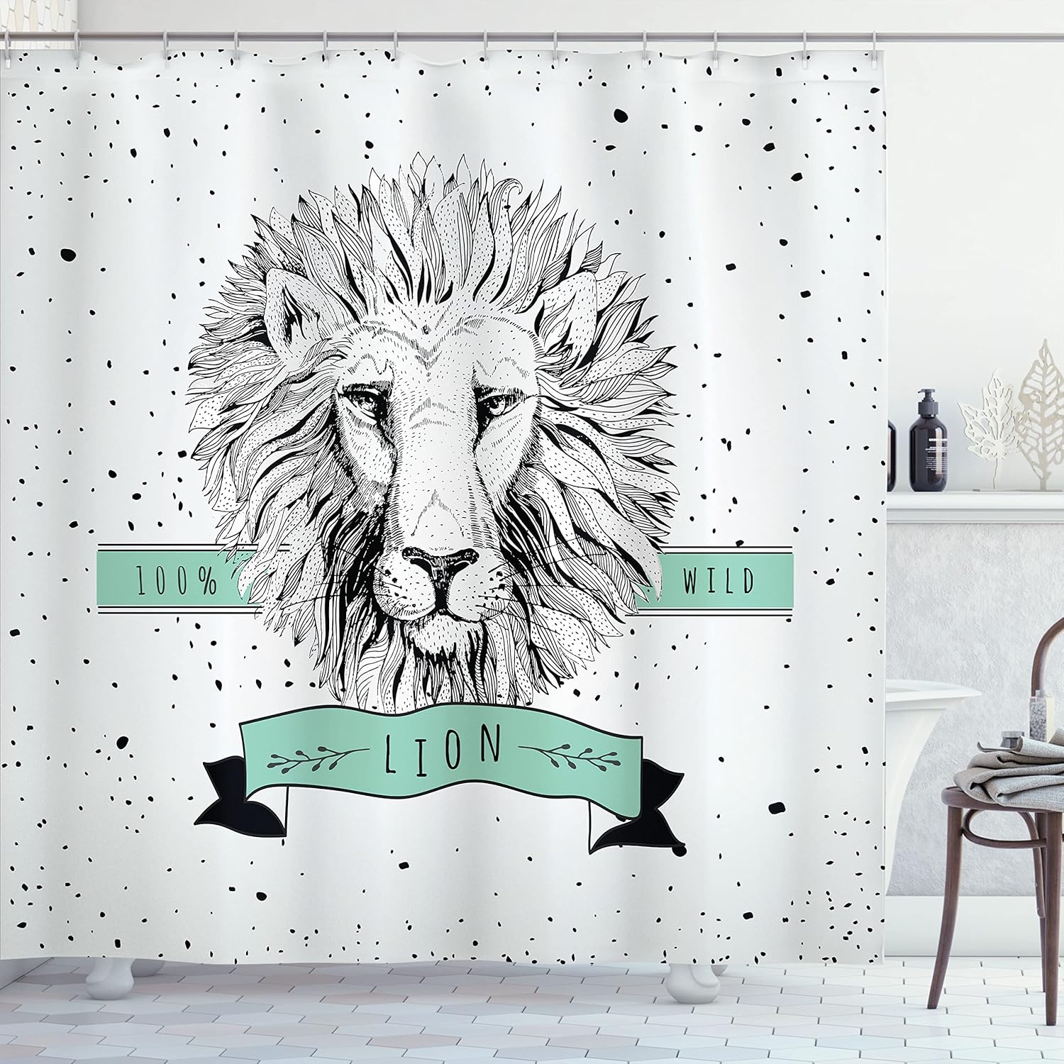 Lunarable Lion Shower Curtain, Hand Drawn Black and White Lion Head with Black Dotted Backdrop Retro, Cloth Fabric Bathroom Decor Set with Hooks, 69" W x 75" L, Coconut Black Mint Green