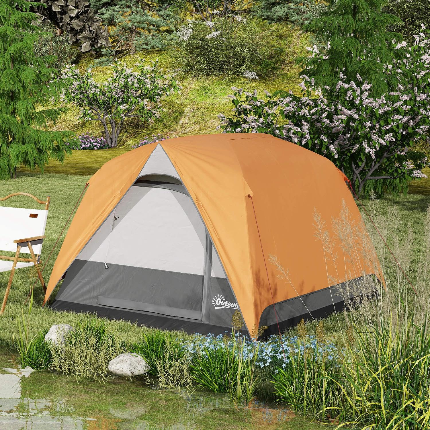Tenda Campeggio 3 Posti Impermeabile con Tasca Gancio per Lanterna e Borsa 2x2x1.35m Arancione
