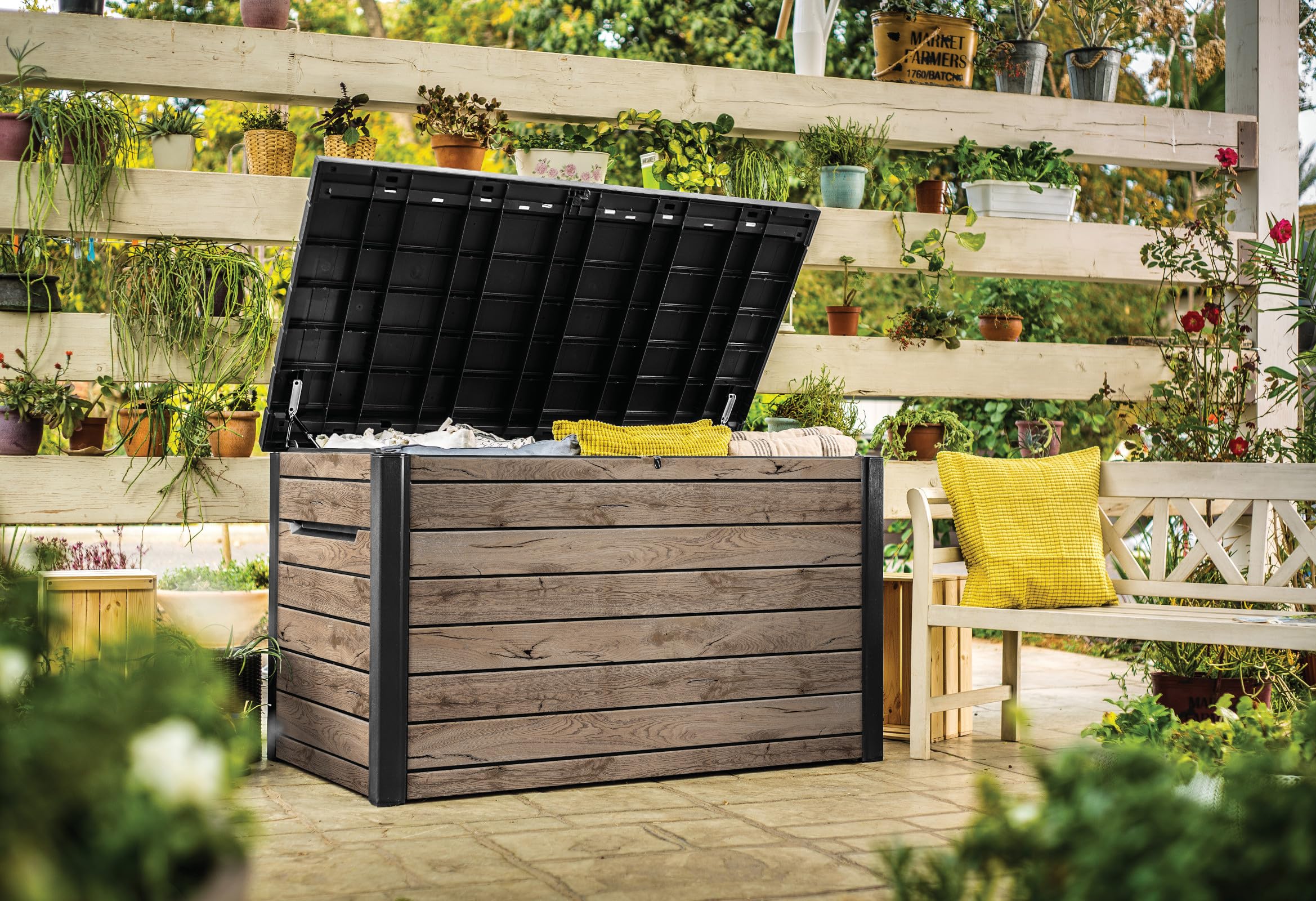 Keter Gartenbox Ontario 870L | 147x83x86 cm | Kunststoff in Holzoptik | Deckel mit Gasdruckfedern | Abschließbar