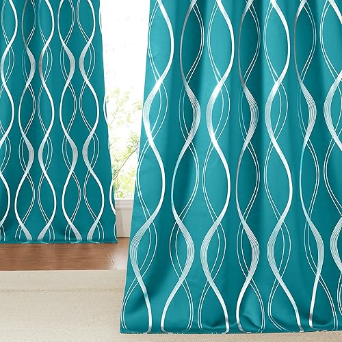 NICETOWN Room Darkening Curtains for Bedroom, Peacock Teal, 2 Panels, 52 x 84 inch, Noise Reducing Thermal Insulated Wave Line Foil Print Design Blackout Curtains for Storage Office Work Area