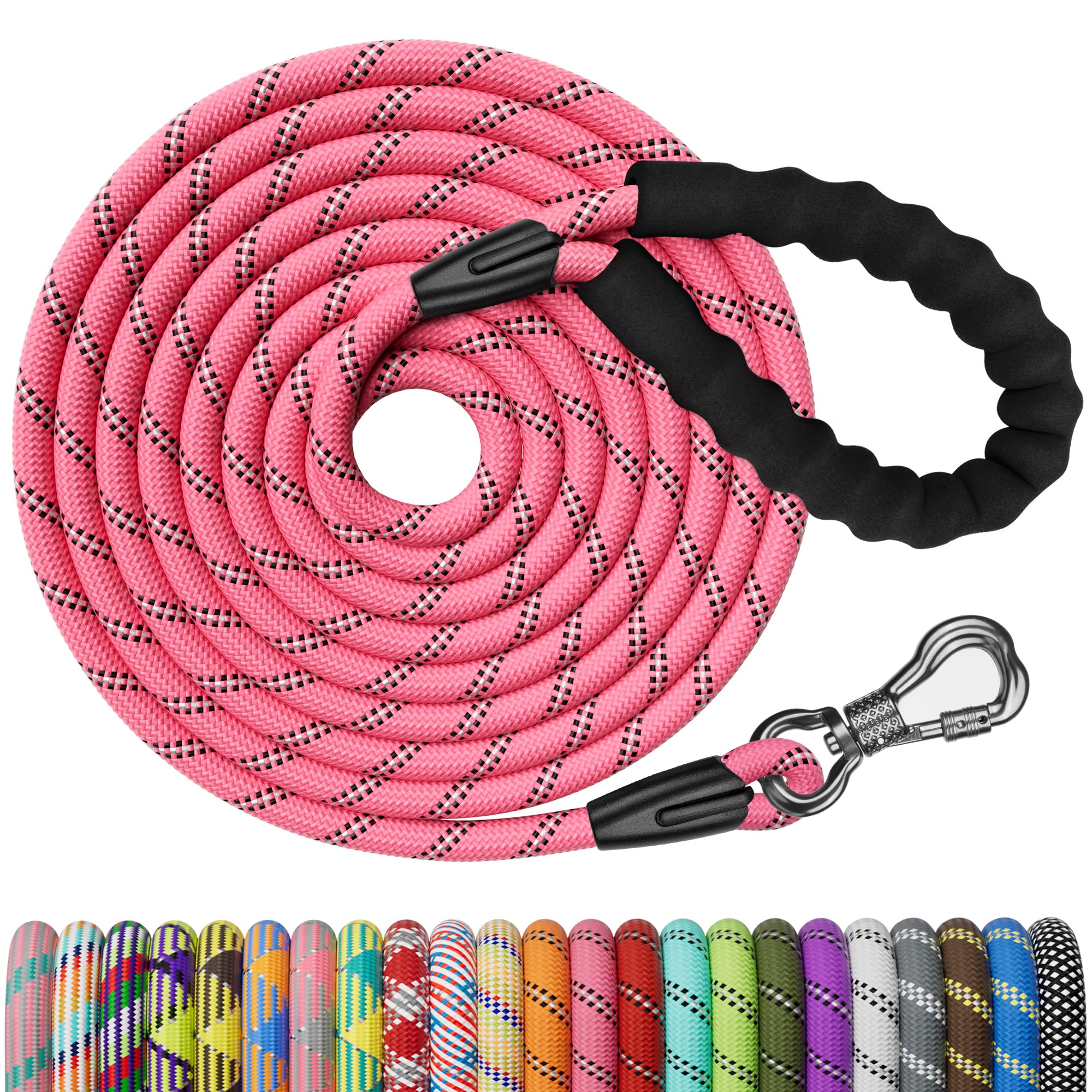 NTR Long Pink Dog Leash, 20FT Check Cord with Swivel Lockable Hook and Comfortable Padded Handle for Reflective Dog Leash for Small Medium and Large
