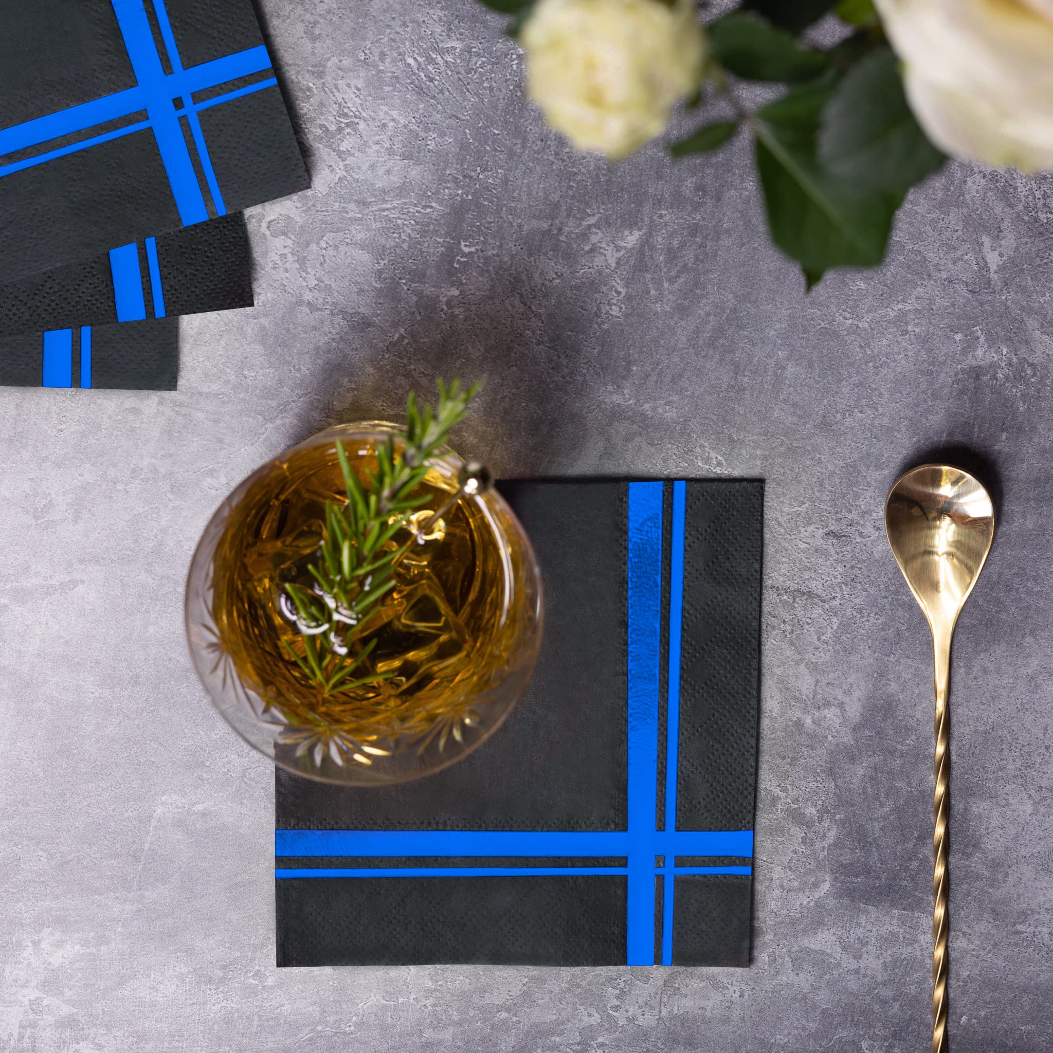 Fanxyware Tovaglioli Da Cocktail 'Blissful Crossing' | Lamina Blu Su Nero | 100 Pezzi 12,7cm 3 Veli | Usa E Getta Per Feste, Matrimoni, Compleanni