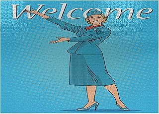 Ambesonne Welcome Jigsaw Puzzle for Adults, Stewardess Greeting Travel Airport and Flights Tourism Theme Pop Art Retro, Heirloom-Quality Fun Activity Durable Cardboard, 1000 pcs, Blue and Multicolor