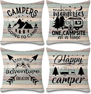 Happy Camper Pillow Covers Vintage Rustic Wood Background Inspirational Quotes Home Outdoor Decorative Throw Pillow Case Cushion Cover Set of 4 18" x 18"