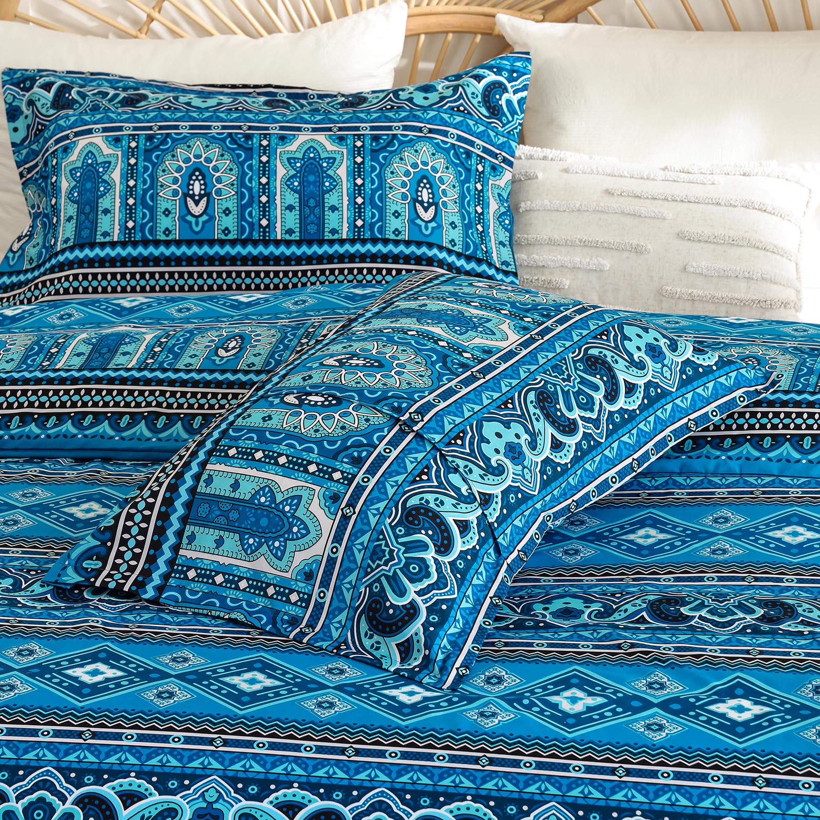 WONGS BEDDING Teal Blue Bohemian King Size Duvet Cover Sets Colorful Boho Striped Bedding Set including 2 Pillowcases Soft Microfiber Moroccan Quilt Cover with Zipper Closure 220x230cm - Image 4