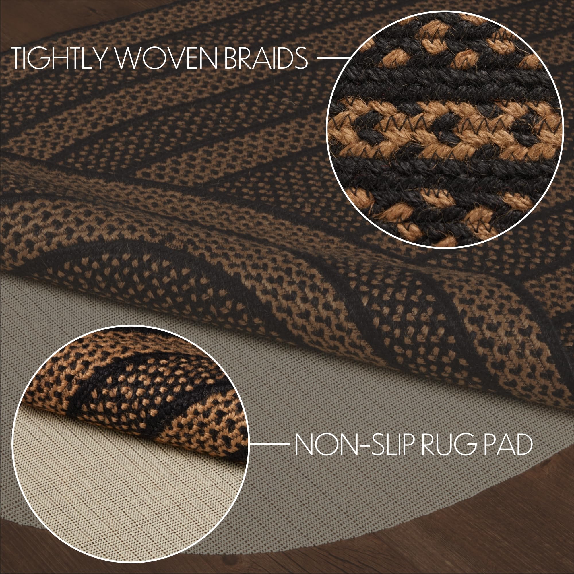 VHC Eco-Friendly Jute Oval Braided Rug – Black & Tan, Primitive Country Style, Multiple Sizes