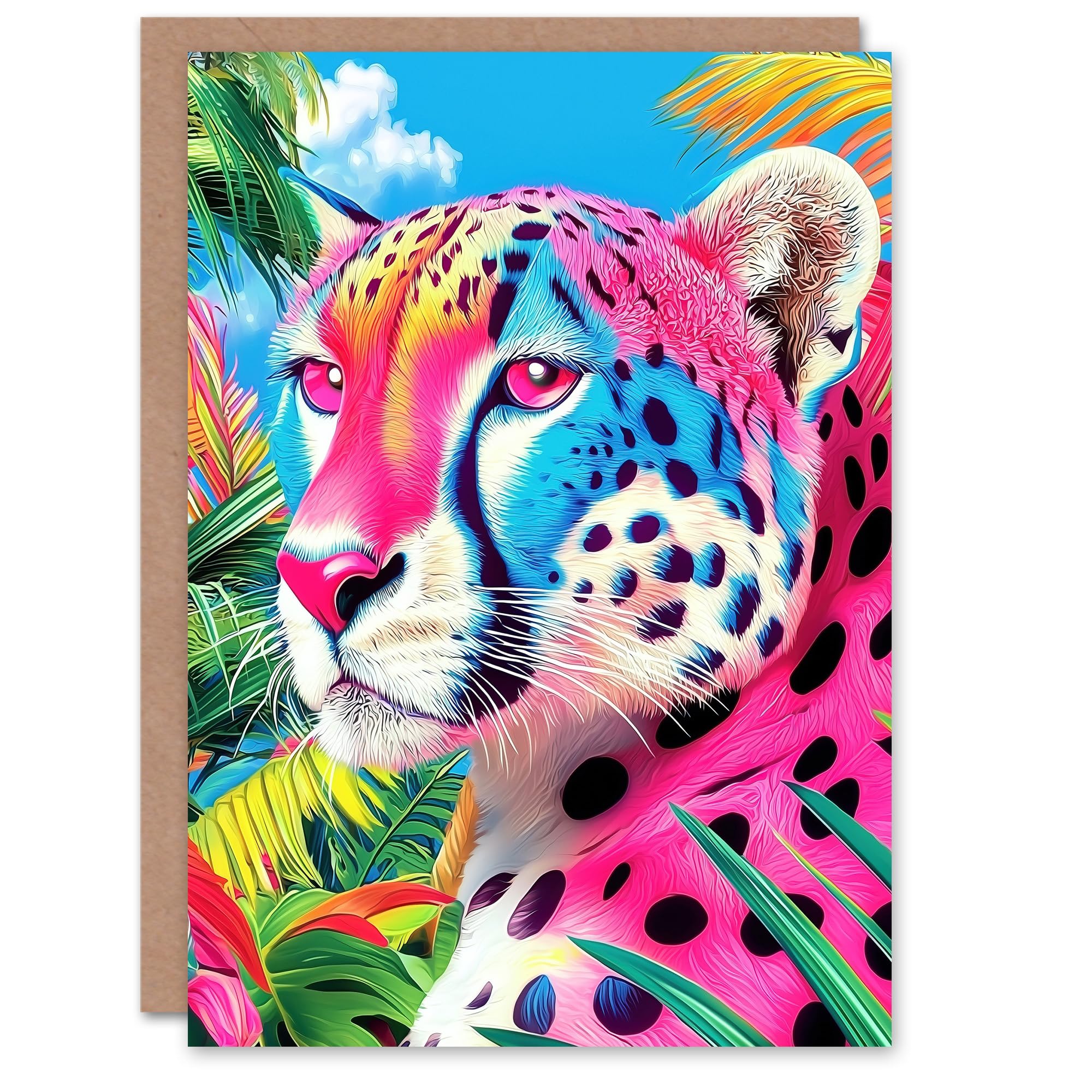 Artery8 Greeting Card Cheetah Jungle Plants Colourful Animal Portrait Blank For Him Or Her Art Birthday Card