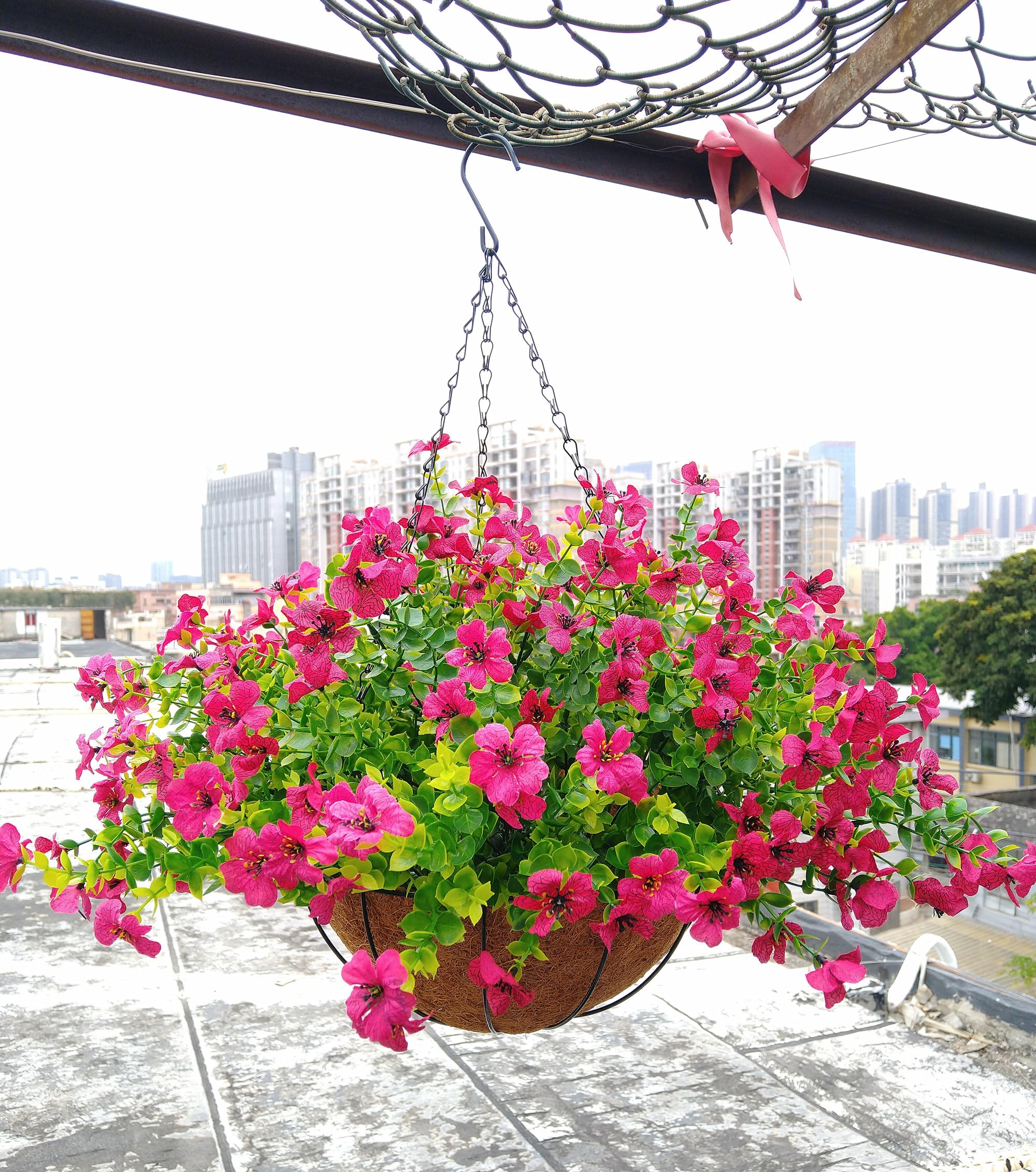 Home Decoration Silk Fabric Fake Flowers DIY Chain Hanging Basket Parlor Garden Wedding Ornaments Cute Pink Artificial Flower Eucalyptus Magnolia (Pink - Big basket)