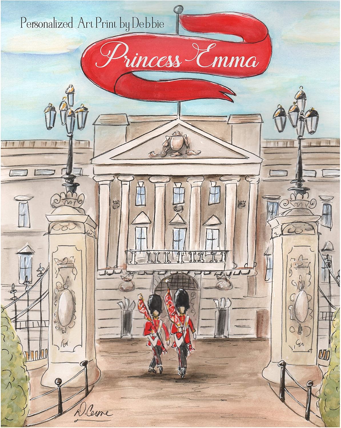 Buckingham Palace, Kid's Personalized British Watercolor Fine Art Print, Union Jack Flag Option, 6 Sizes, Travel Themed London Wall Art