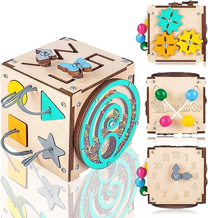 Amazon Com Brainuptoys Cubo De Actividad Ocupado Para Viajes Ninos Y Bebes Tabla Ocupada Juguete Clasificador De Madera Juguetes Montessori Tablero Sensorial Aprendizaje De Habilidades Basicas Para La Vida Reloj Para Contar La