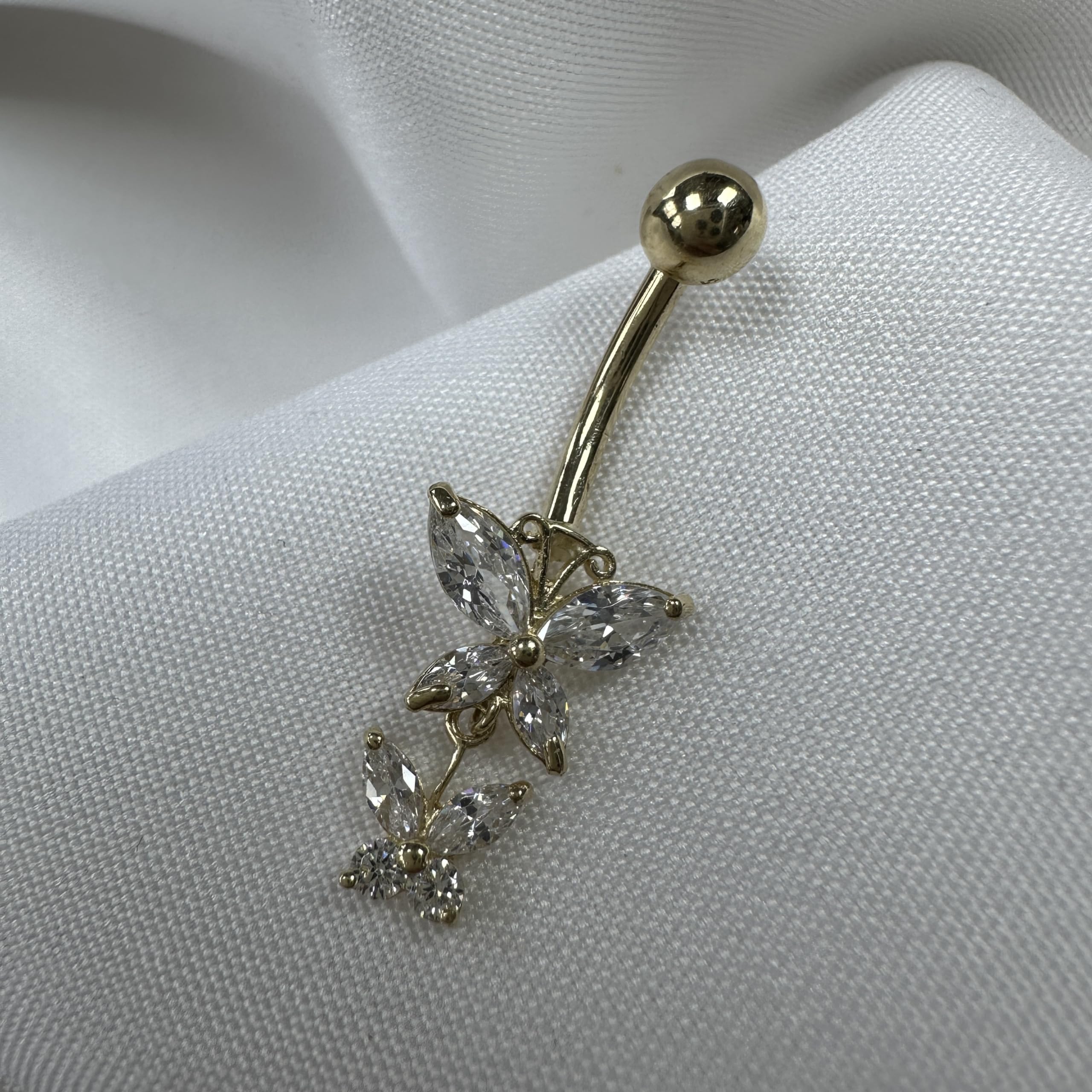 Piercing per ombelico in oro giallo 9kt con due farfalle (di cui una pendente) di pietre Cubic Zirconia CZ - chiusura a sfera