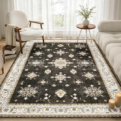 Brown 5x7 Living Room Area Rug,Washable Vintage Carpet Non Slip Indoor Rug Tapis Salon,Retro Traditional Accent Throw Low Pile Large Rug for Farmhouse,Office, Bedroom, Dining Room.