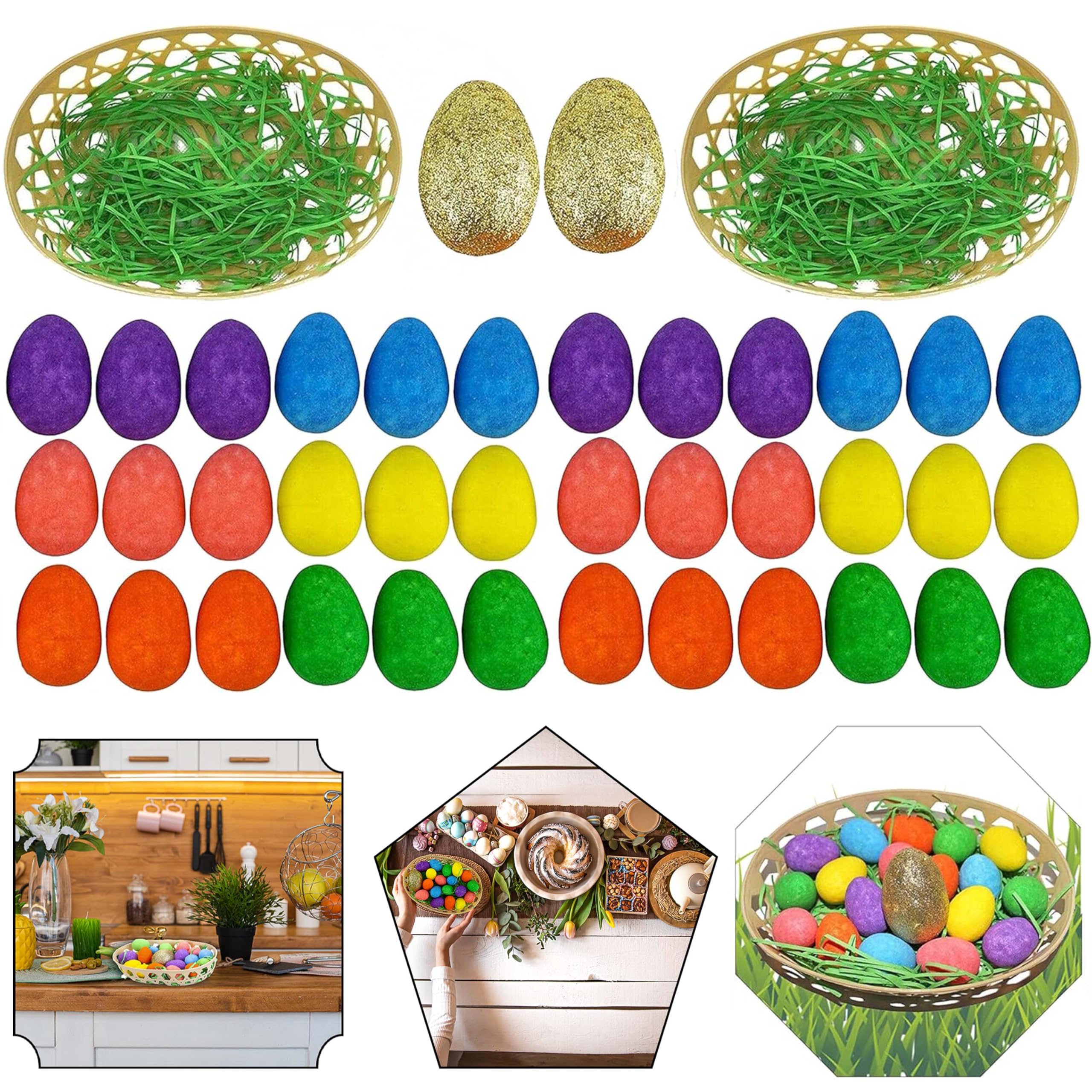 Srv Hub 42Pcs Golden Egg Table Decor Set 42Pcs Easter Table Set, Glittering Golden Eggs Kit With Basket, Poly Foam Eggs Basket Stuffers, Plastic Easter Baskets For Kids - Easter Centerpiece With Eggs And Basket, Home Décor And Gifting