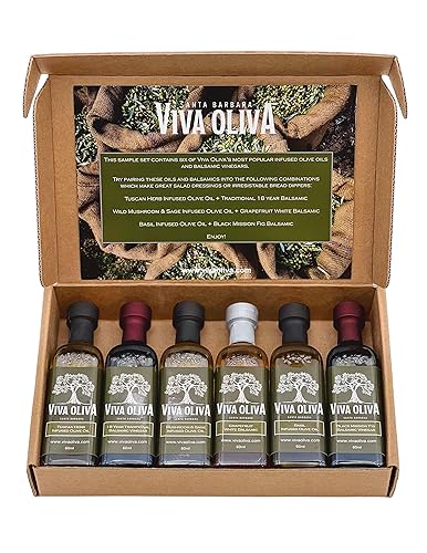 Viva Oliva Seis juegos de regalo variados de 2.0 fl oz (2 onzas) - Aceites de oliva extra virgen con sabor prémium (hierba toscana, albahaca, hongos