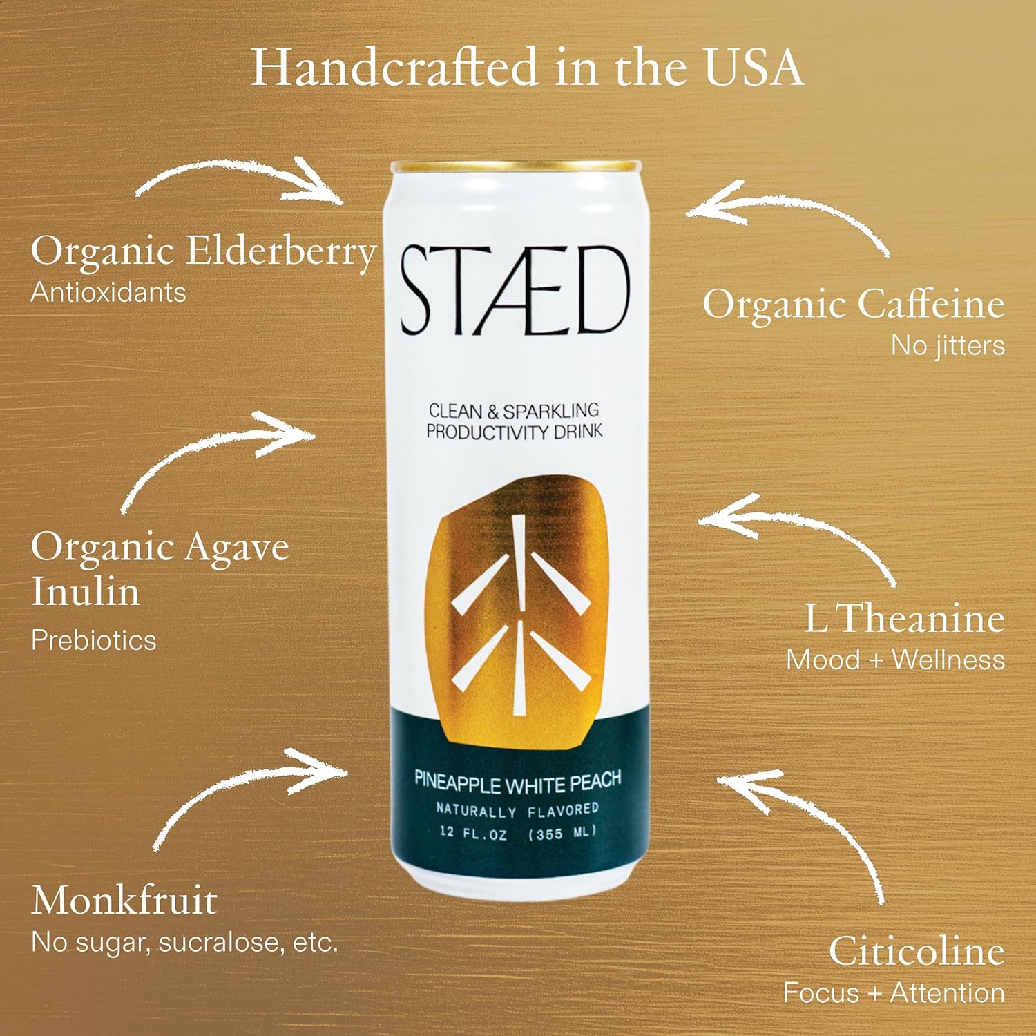 Drink Staed Pineapple White Peach Productivity Drink, Sparkling Functional Beverage, 12-Pack – With Cognizin® Citicoline & L-Theanine, Organic Clean Caffeine, Healthy Energy Drink