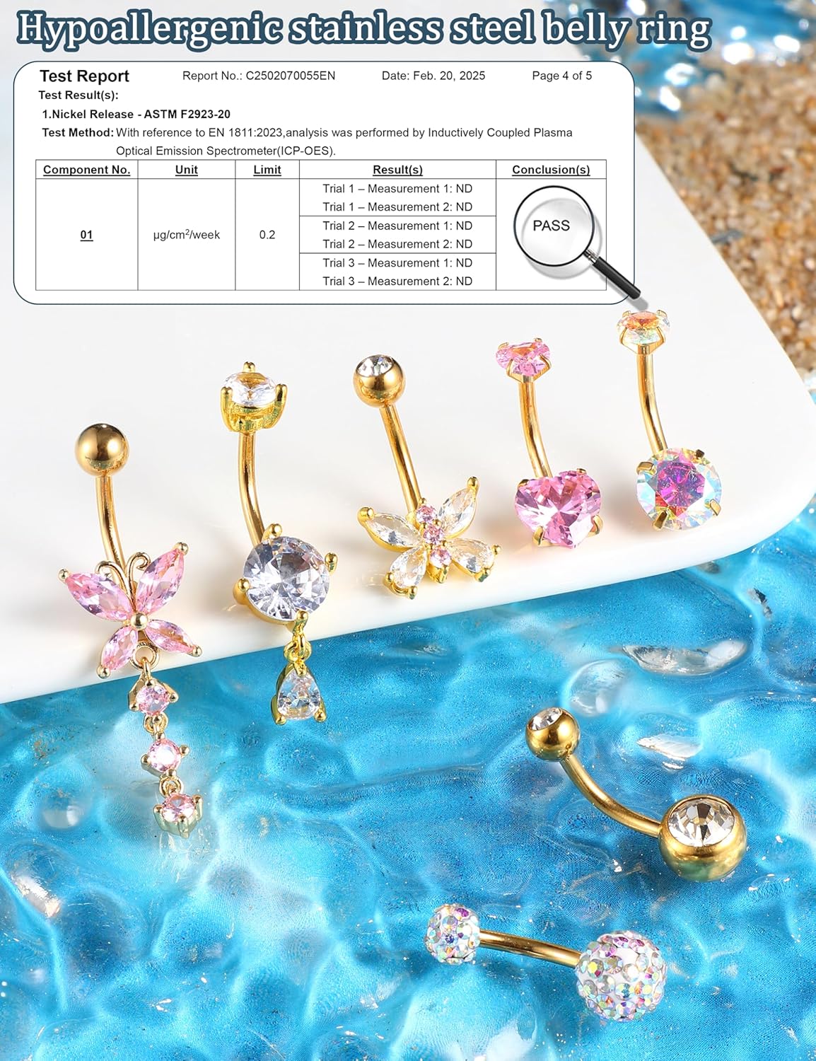 YADOCA Gold Belly Button Ring Navel Piercing Jewelry - Surgical Steel Dangle Belly Rings for Women 14G Dainty Colorful Pink Belly Button Piercing Gold Silver Tone - Image 2