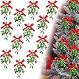 Christmas Artificial Mistletoe Picks Fake Mistletoe Branches Hanging Mistletoe with Red Bow and White Berries Christmas Mistletoe Hanging Ornament for Christmas Party Decorations (12 Pieces)