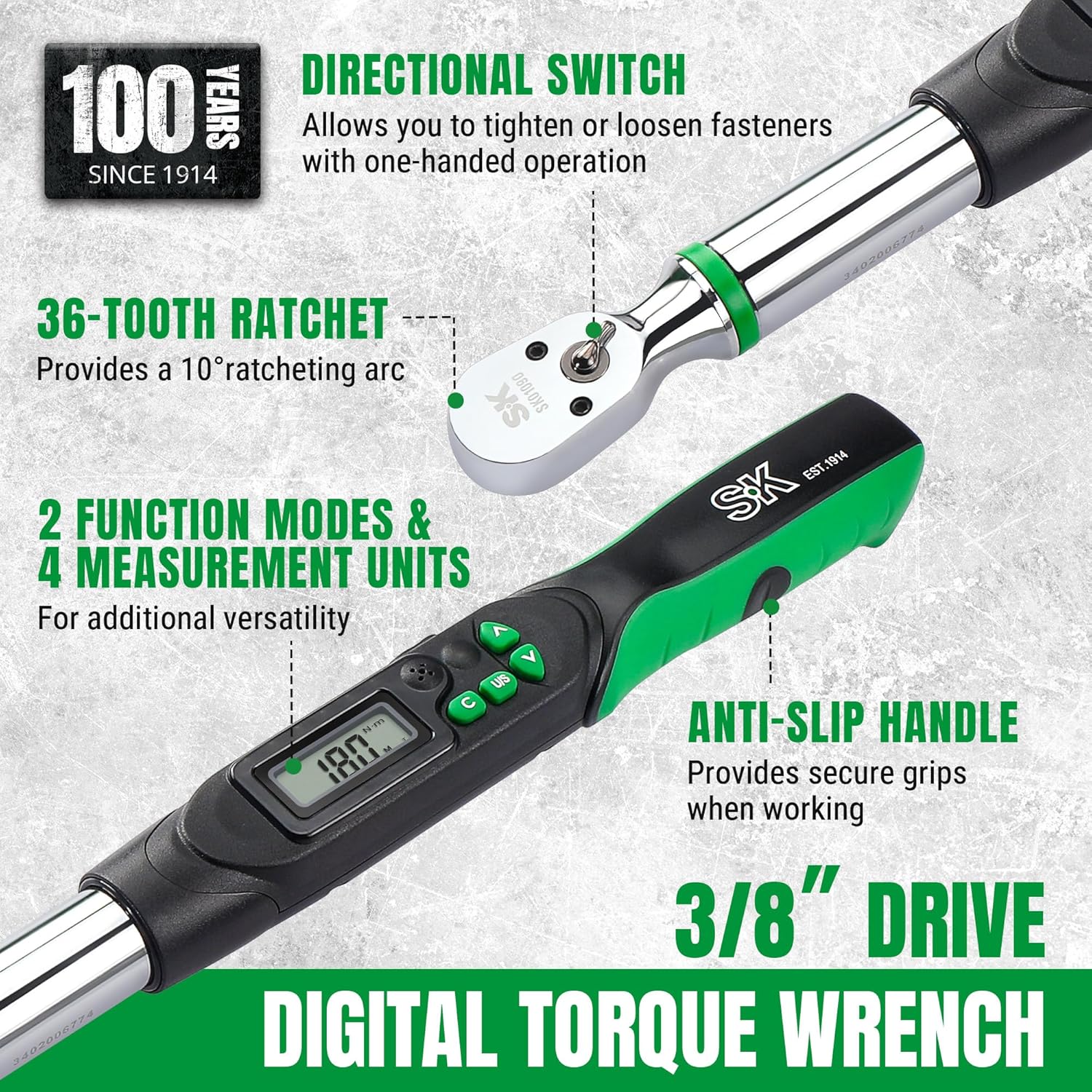 Diagram showing features of the SK Digital Torque Wrench including directional switch, 36-tooth ratchet, 2 function modes, 4 measurement units, anti-slip handle, and 3/8 inch drive.