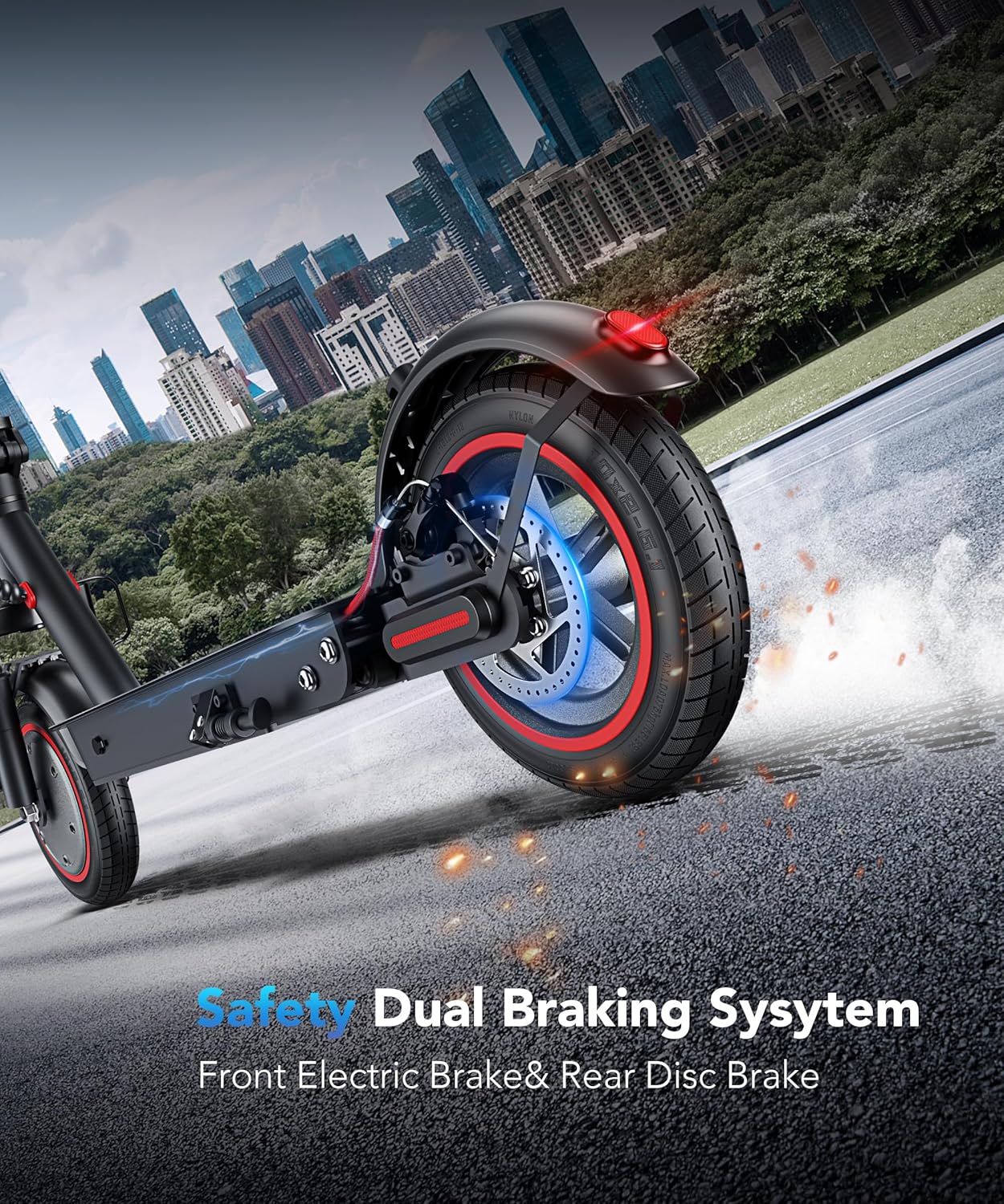 Close-up of the Evmore Electric Scooter's rear wheel showing the dual braking system